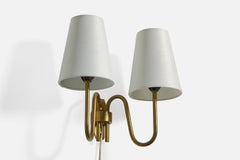 Schwedische Designerin, Wandleuchte, Messing, Stoff, Schweden, 1950er Jahre