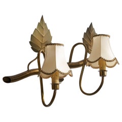 Swedish Designer, Wall Light, Brass, Fabric, Sweden, 1950s