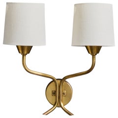 Swedish Designer, Wall Light, Brass, Fabric, Sweden, 1950s