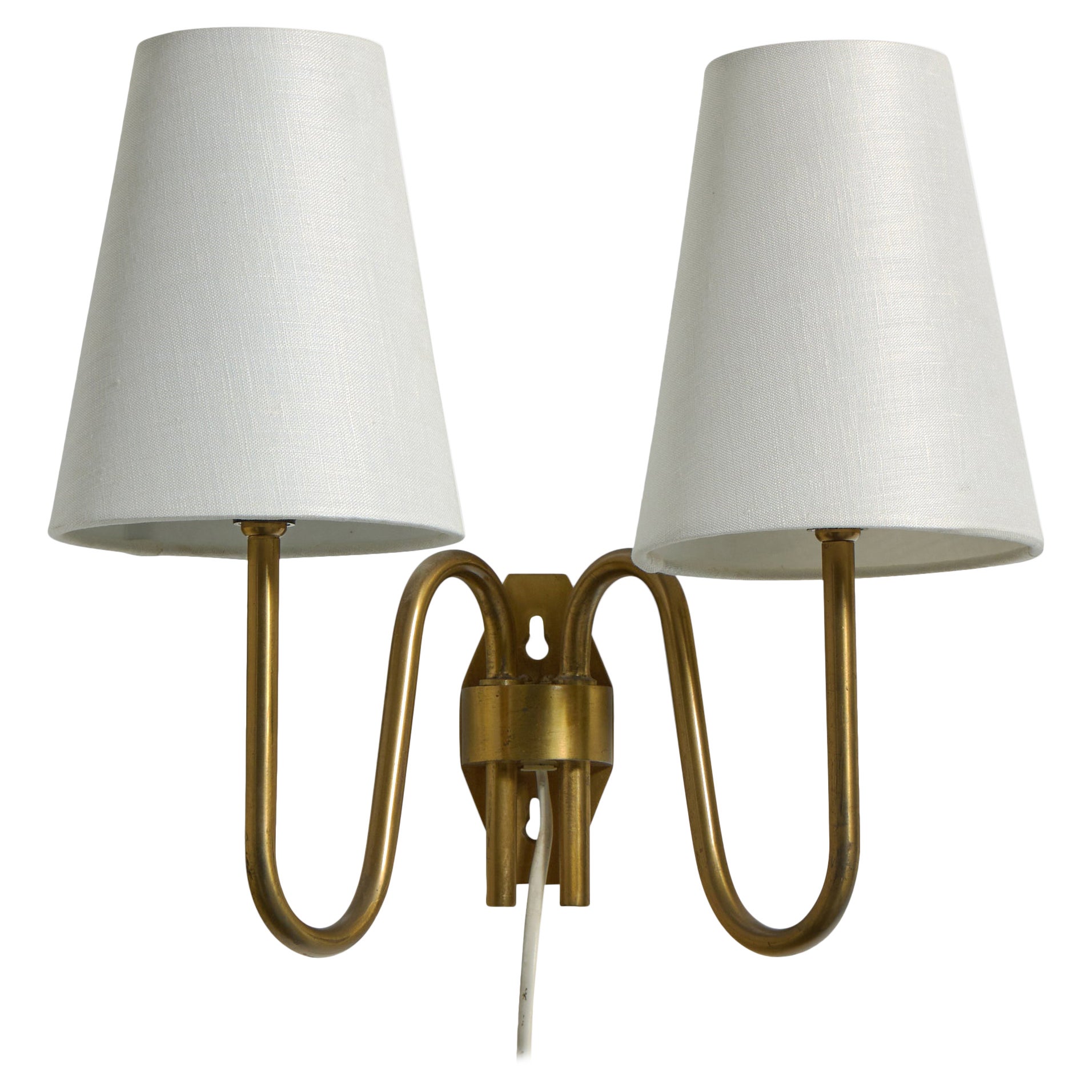 Swedish Designer, Wall Light, Brass, Fabric, Sweden, 1950s