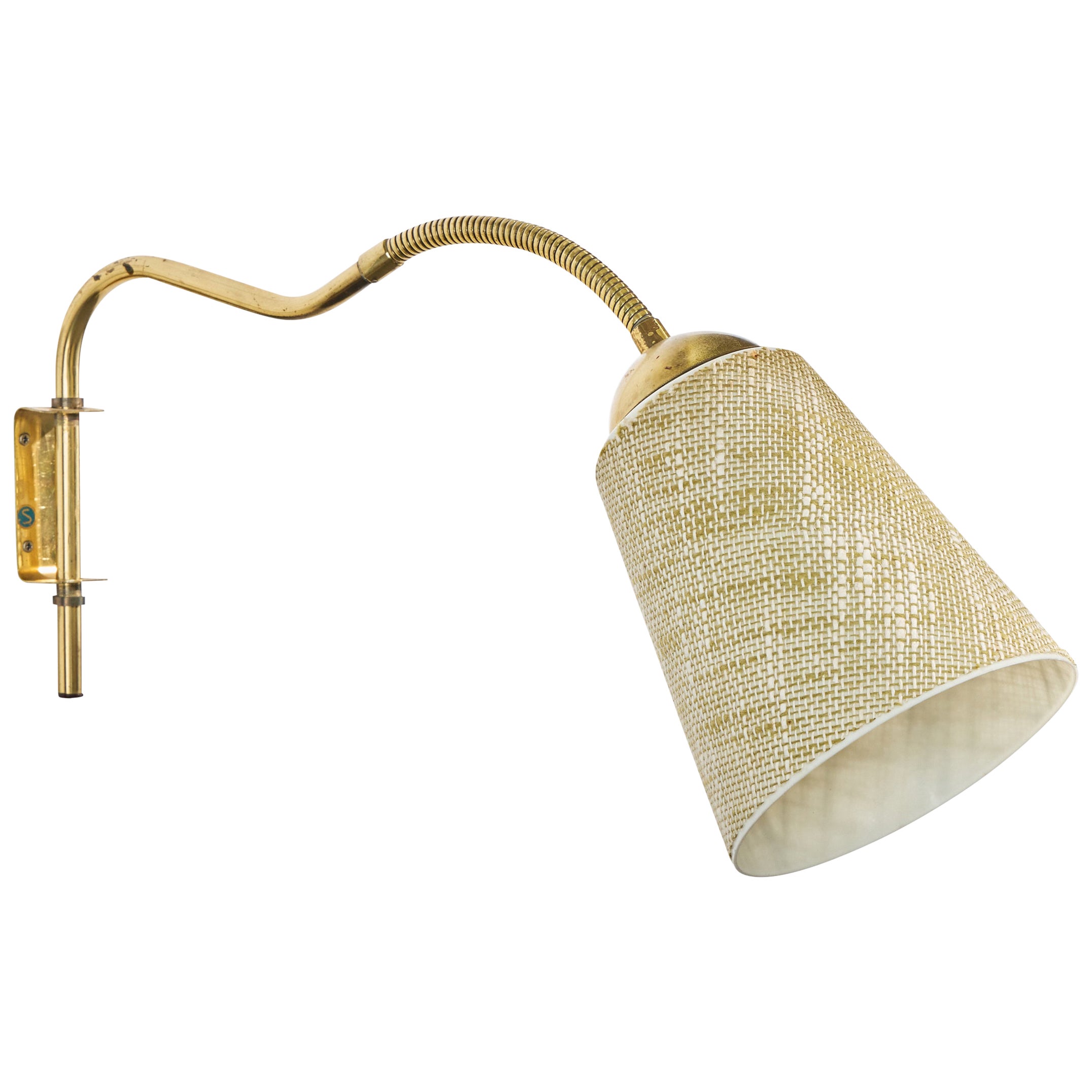 Swedish Designer, Wall Light, Brass, Fabric, Sweden, 1950s