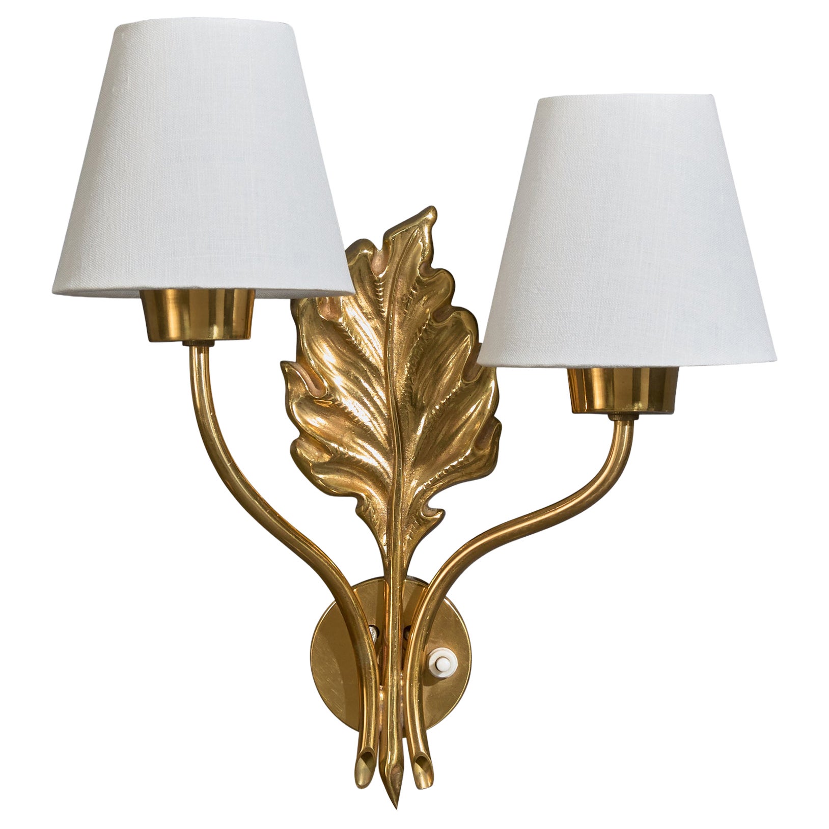 Swedish Designer, Wall Light, Brass, Fabric, Sweden, 1950s For Sale