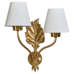 Lampada da parete di design svedese, ottone, tessuto, Svezia, anni '50