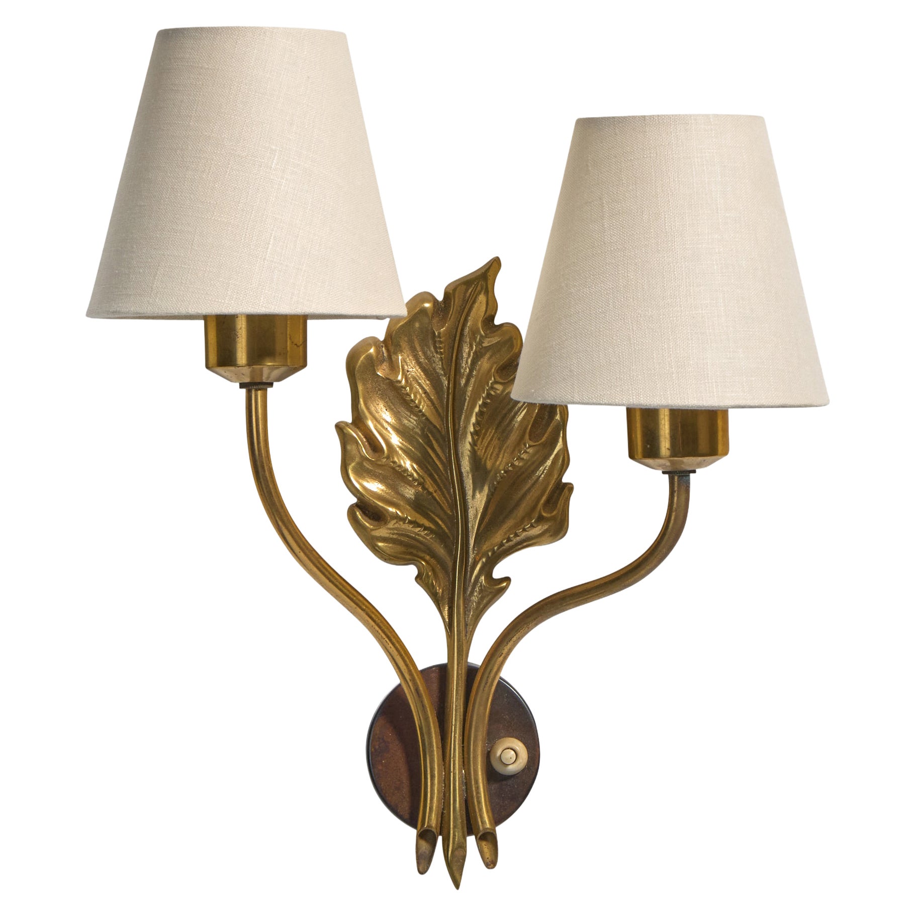 Swedish Designer, Wall Light, Brass, Fabric, Sweden, 1950s