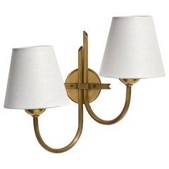 Swedish Designer, Wall Light, Brass, Fabric, Sweden, 1950s