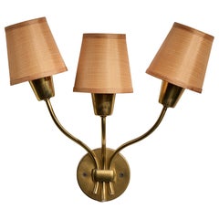 Swedish Designer, Wall Light, Brass, Fabric, Sweden, 1950s