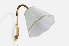 Swedish Designer, Wall Light, Brass, Fabric, Sweden, 1950s