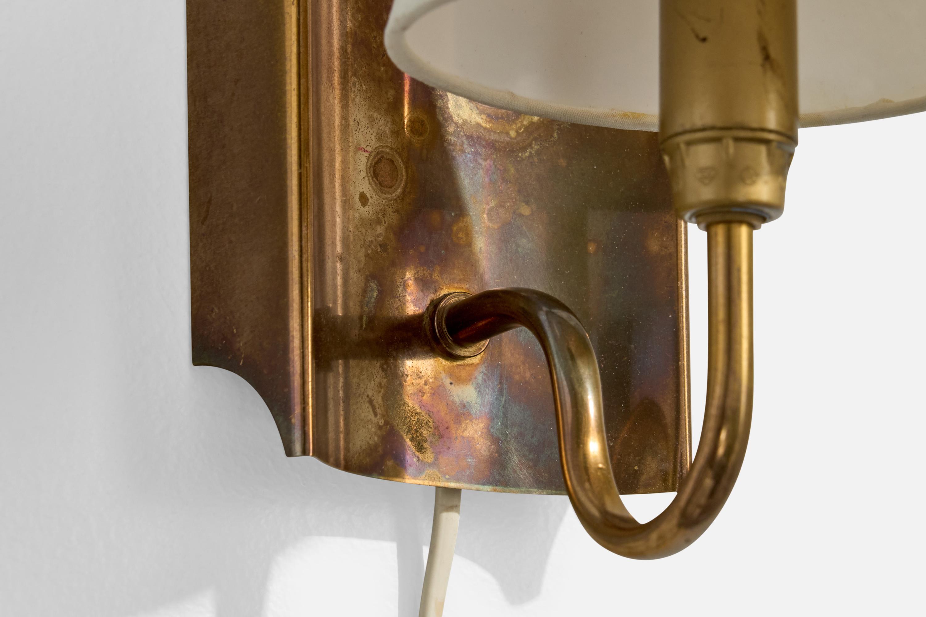 Swedish Designer, Wall Light, Brass, Fabric, Sweden, 1960s For Sale 2