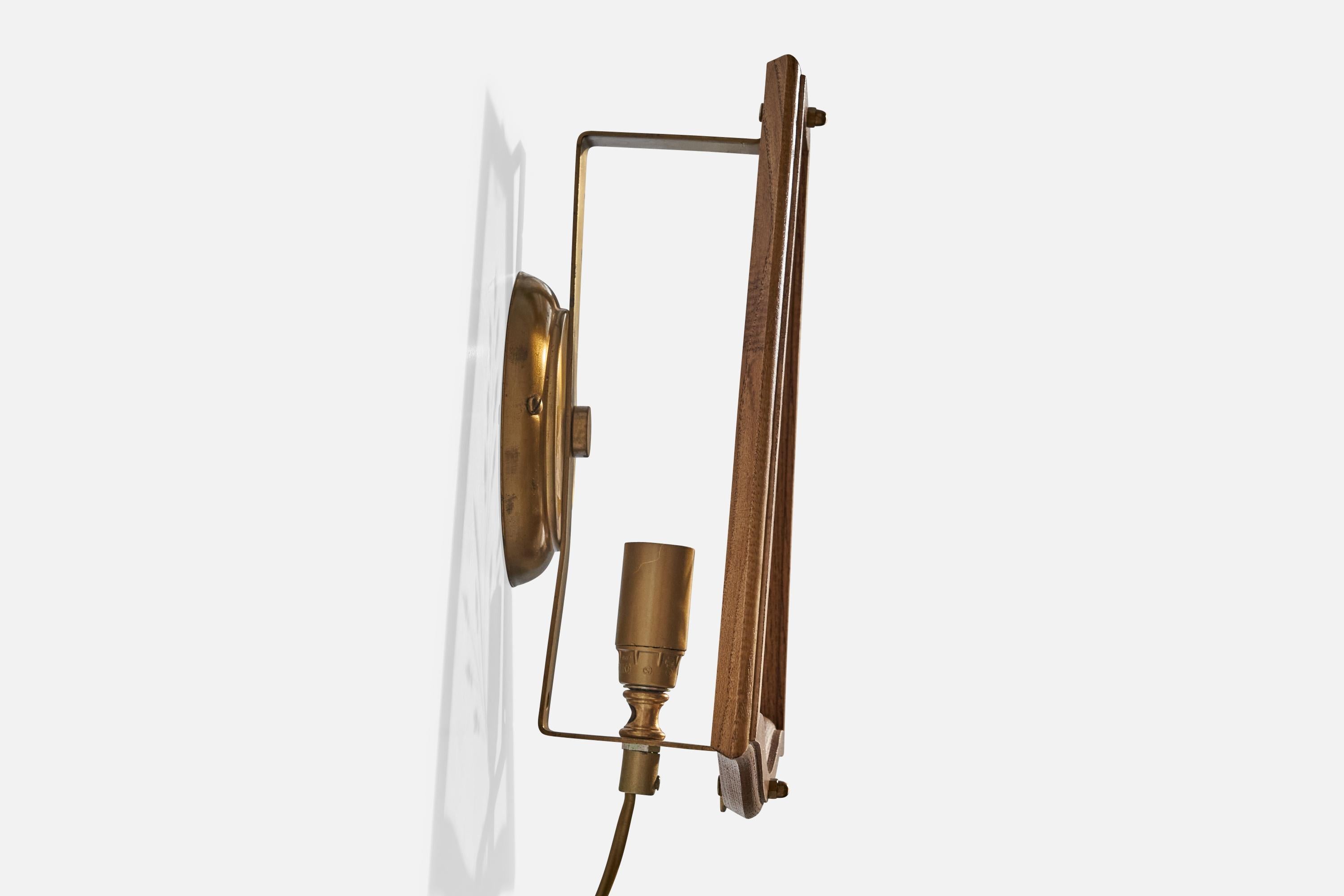 Late 20th Century Swedish Designer, Wall Light, Brass, Glass, Oak, Sweden, 1970s For Sale