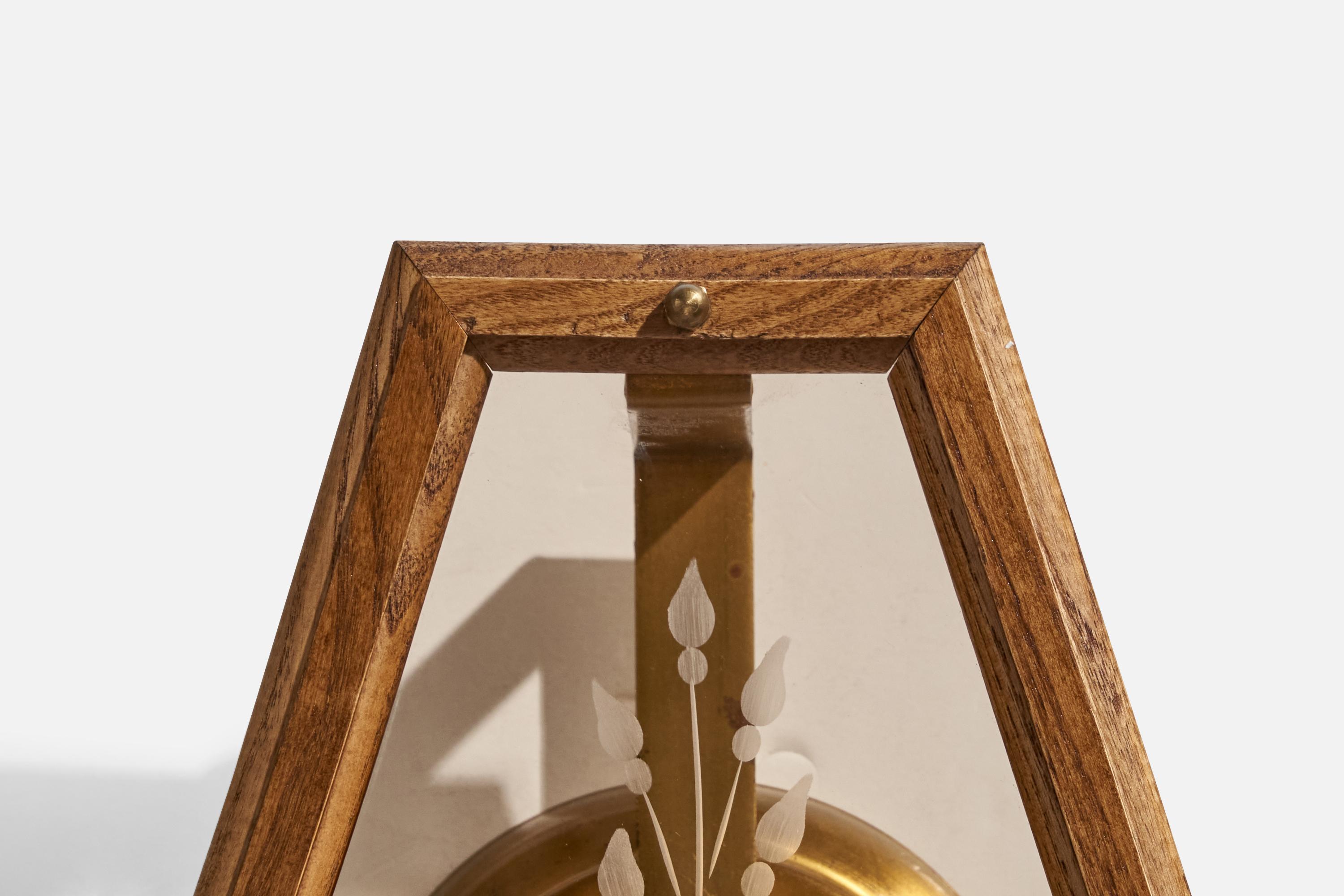 Swedish Designer, Wall Light, Brass, Glass, Oak, Sweden, 1970s For Sale 1
