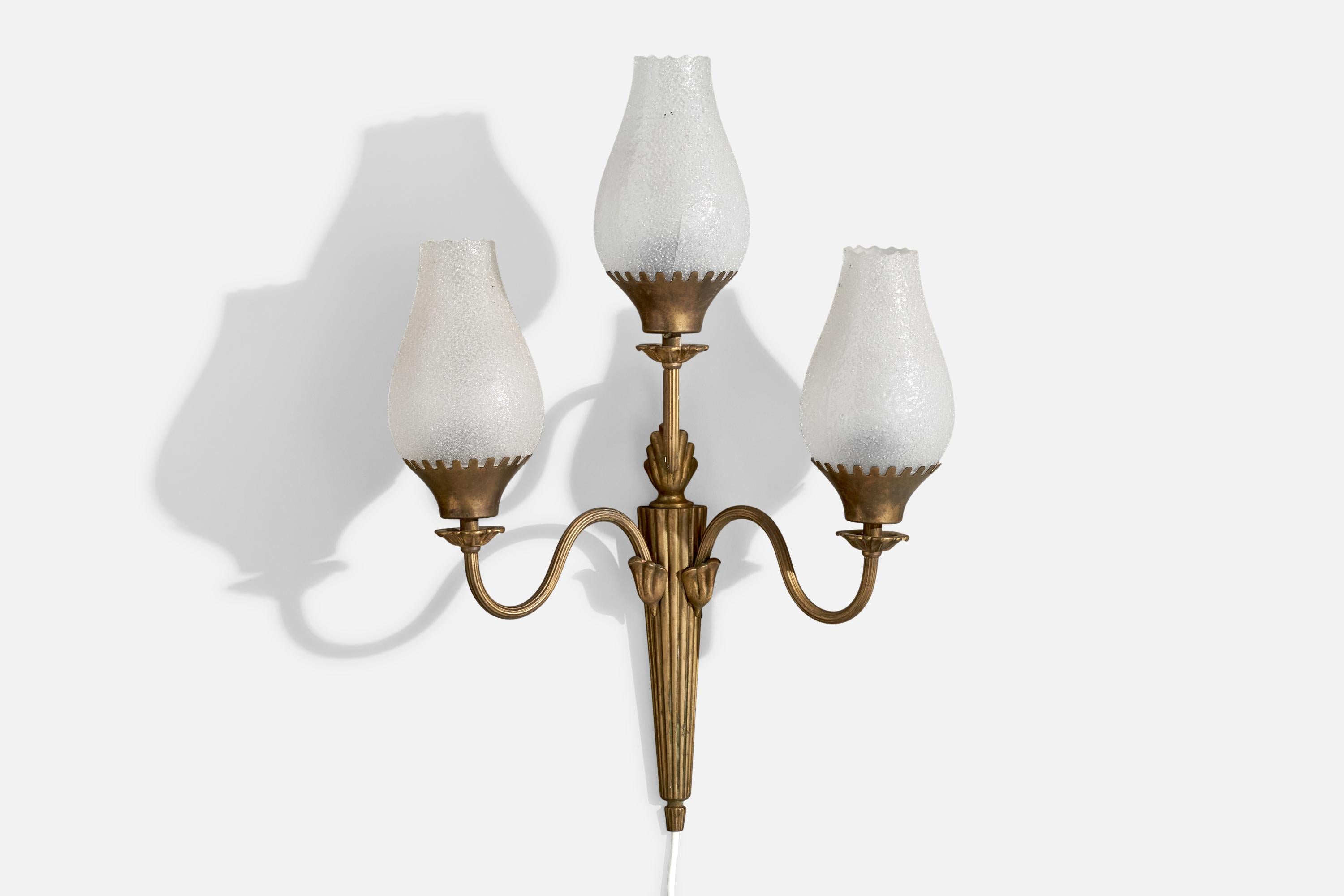 A brass and frosted glass wall light designed and produced in Sweden, c. 1930s.

Overall Dimensions (inches):  22.5” H x  15.75” W x  7.25“D
Back Plate Dimensions (Inches):  11.625” H x 1.75” W x 1” D
Bulb Specifications: E-26 Bulbs
Number of