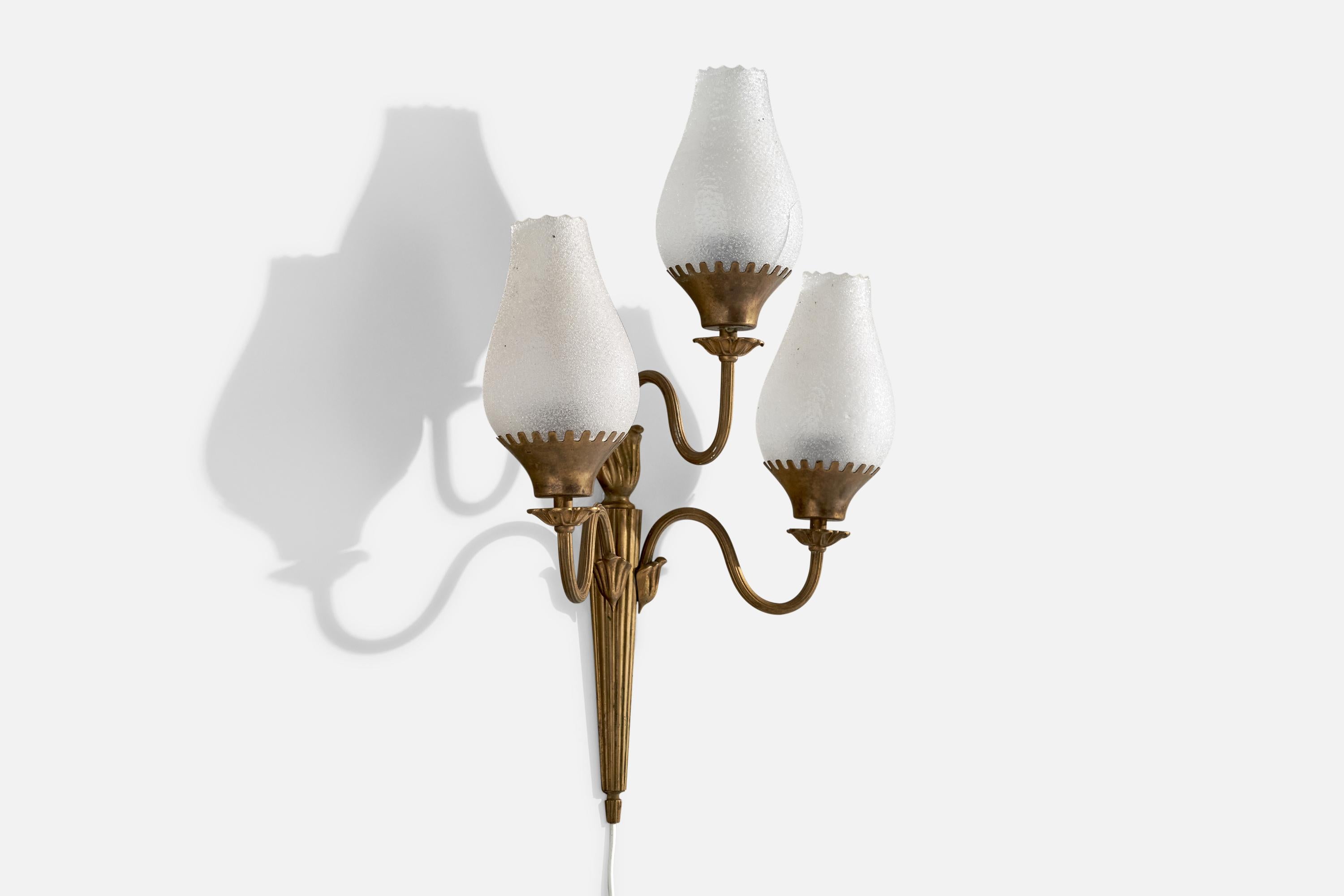 Scandinavian Modern Swedish Designer, Wall Light, Brass, Glass, Sweden, 1930s For Sale