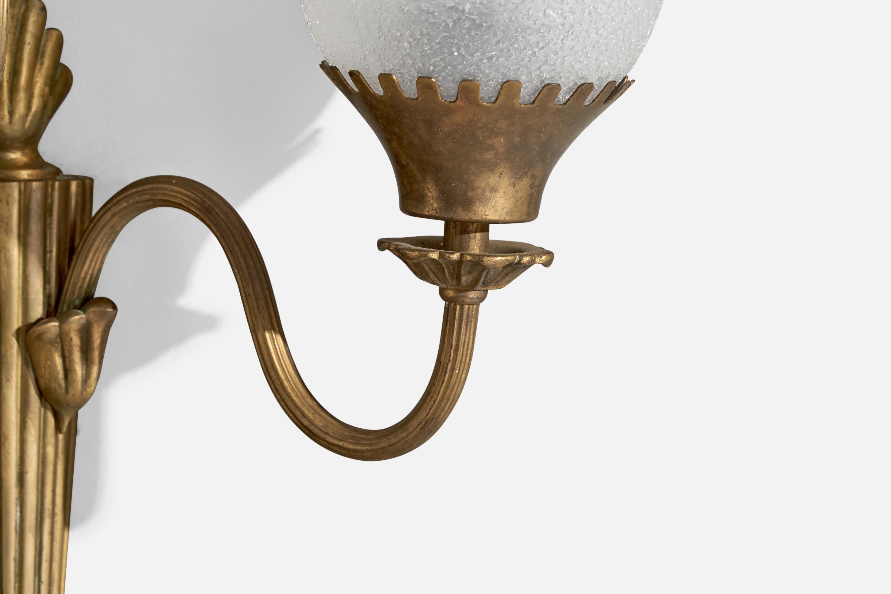 Mid-20th Century Swedish Designer, Wall Light, Brass, Glass, Sweden, 1930s For Sale