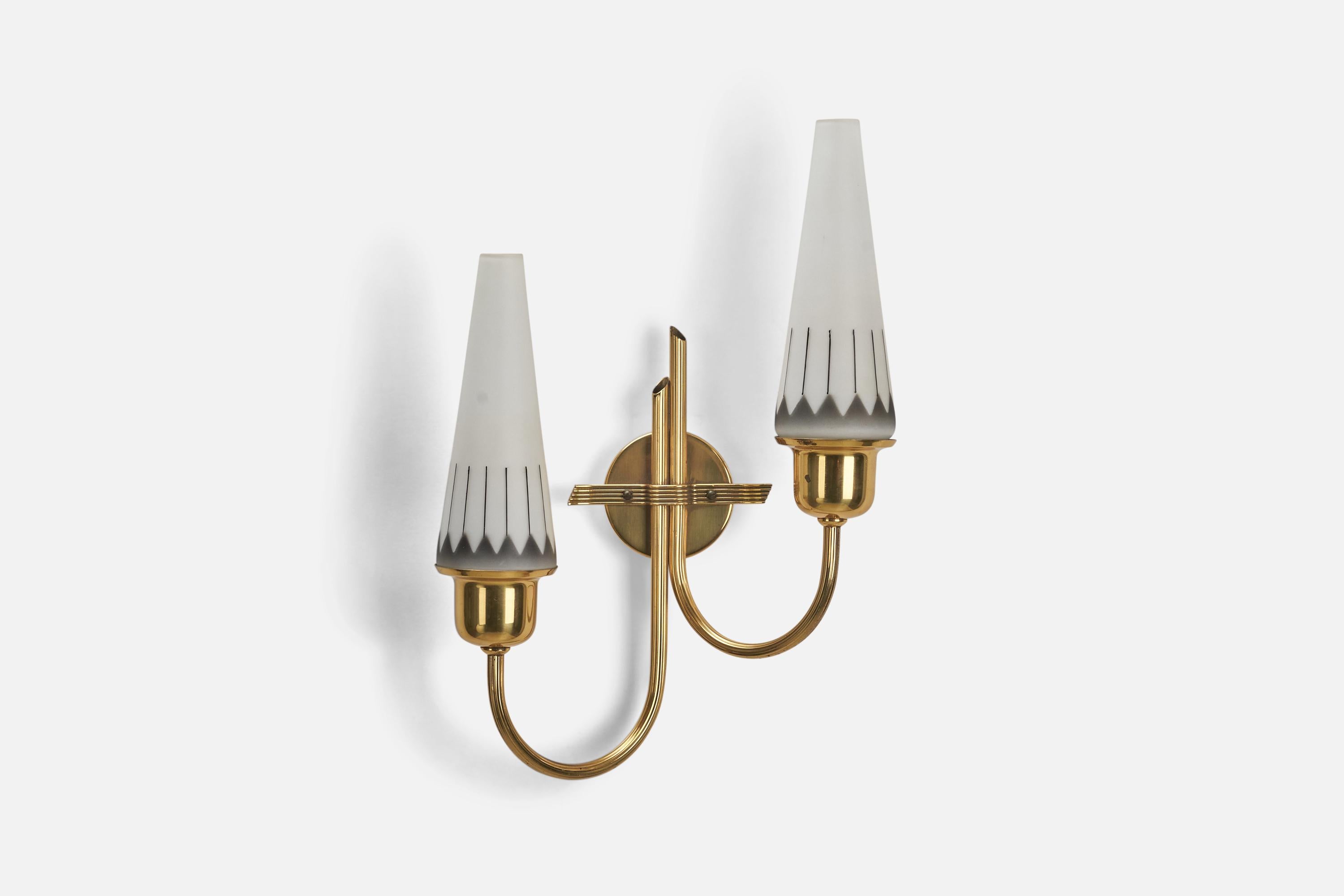 A brass and glass wall light designed and produced in Sweden, 1940s.

Dimensions of Back Plate (inches) : 2.93 x 2.93 x 0.78 (Height x Width x Depth)

Sockets take E-14 bulbs.

There is no maximum wattage stated on the fixture.