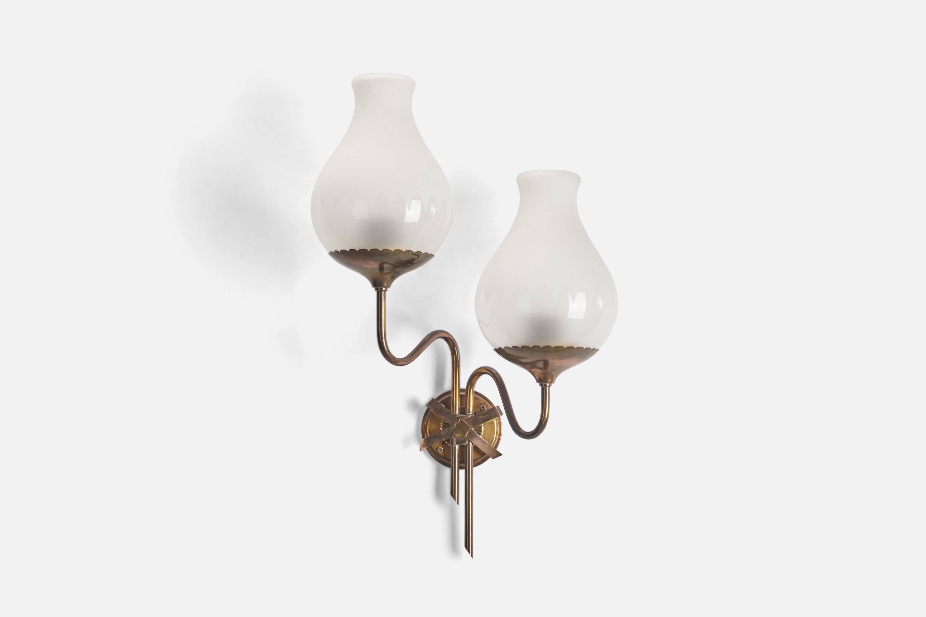 A brass and glass wall light designed and produced by a Swedish Designer, Sweden, 1940s.