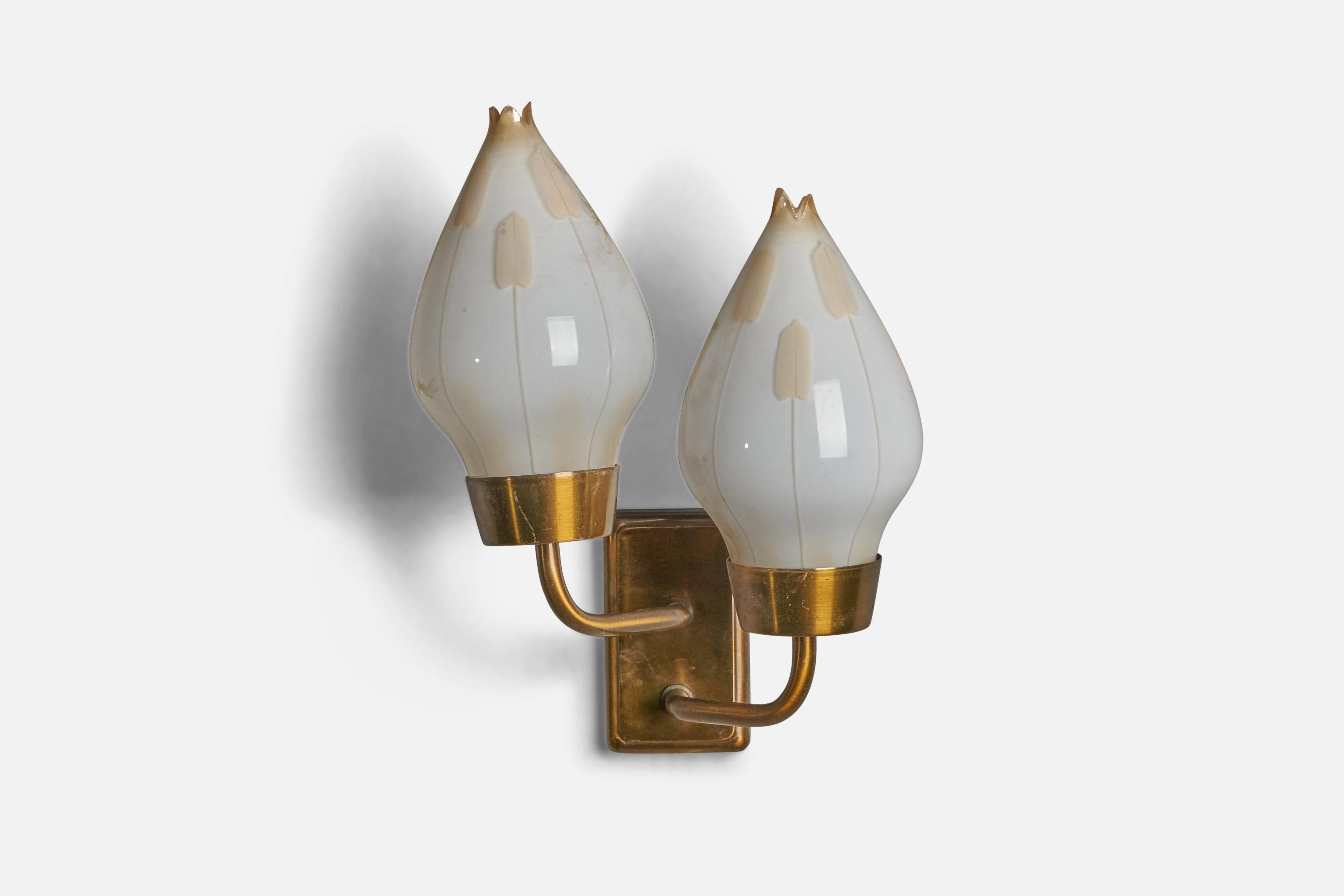 A brass and etched opaline glass wall light designed and produced in Sweden, c. 1940s.

Overall Dimensions (inches): 10.5” H x 8” W x 6” D
Back Plate Dimensions (inches): 3.9” H x 2.4” W x 0.75” D
Bulb Specifications: E-14 Bulb
Number of Sockets: 2