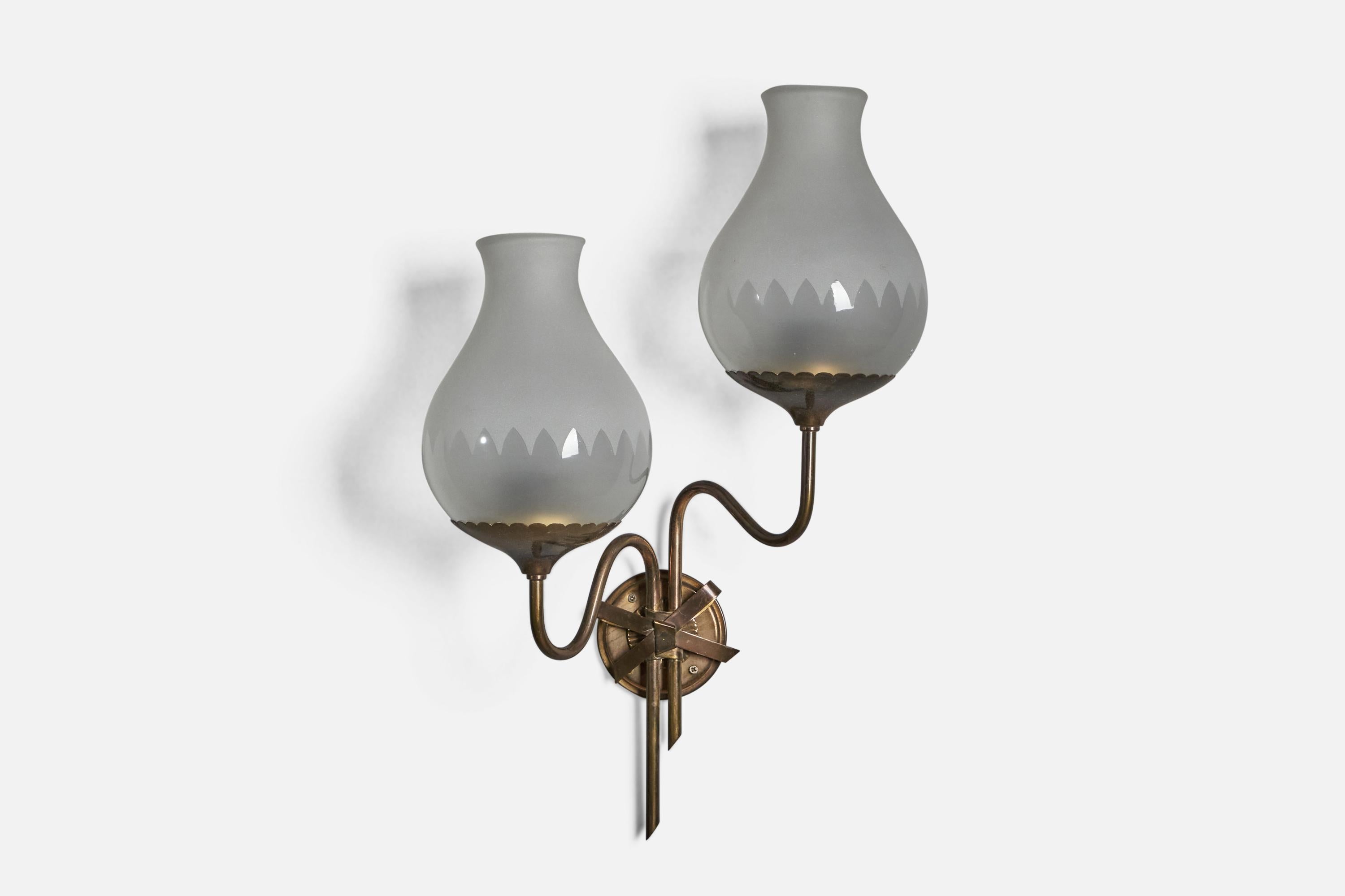 A two-armed brass and semi-frosted glass wall light designed and produced in Sweden, 1940s.

Overall Dimensions (inches): 21” H x 14” W x 8” D
Back Plate Dimensions (inches): 3.75” Diameter
Bulb Specifications: E-26 Bulb
Number of Sockets: 2