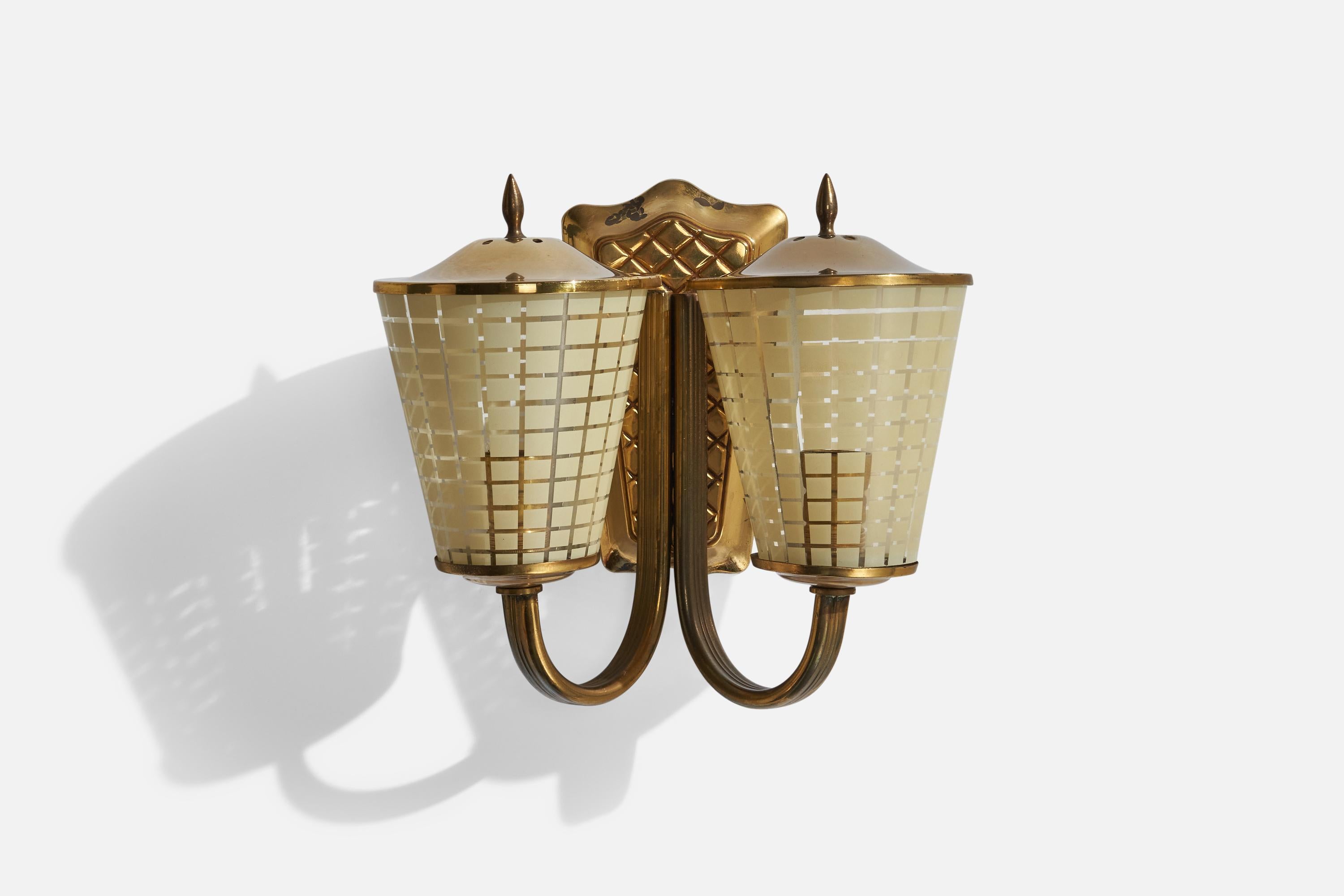 A two-armed brass and etched glass wall light designed and produced in Sweden, c. 1940s.

Overall Dimensions (inches): 8.5” H x 9”  W x 5.25”  D
Back Plate Dimensions (inches): 6.5”  H x 3.75” W x 1.1” D
Bulb Specifications: E-14 Bulb
Number of