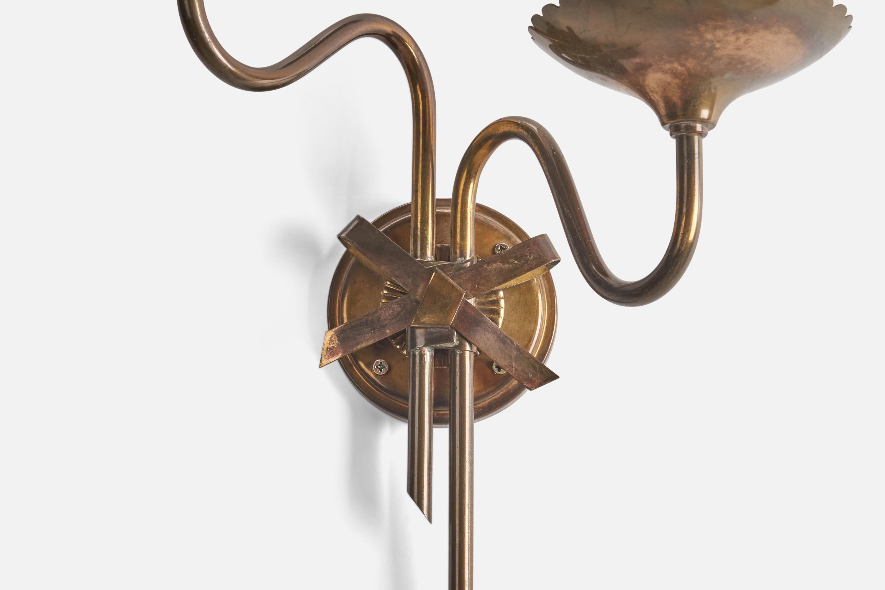 Mid-Century Modern Swedish Designer, Wall Light, Brass, Glass, Sweden, 1940s For Sale