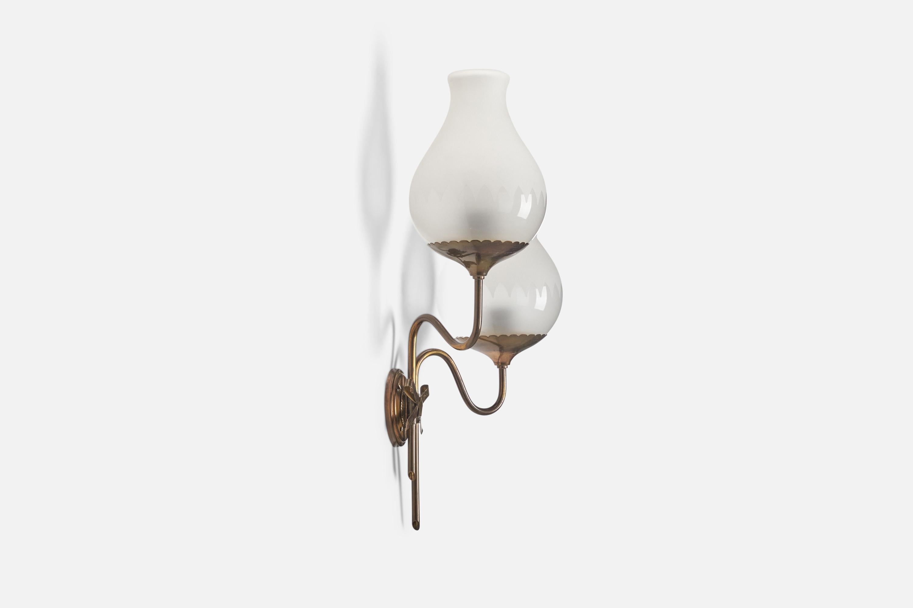 Mid-20th Century Swedish Designer, Wall Light, Brass, Glass, Sweden, 1940s For Sale