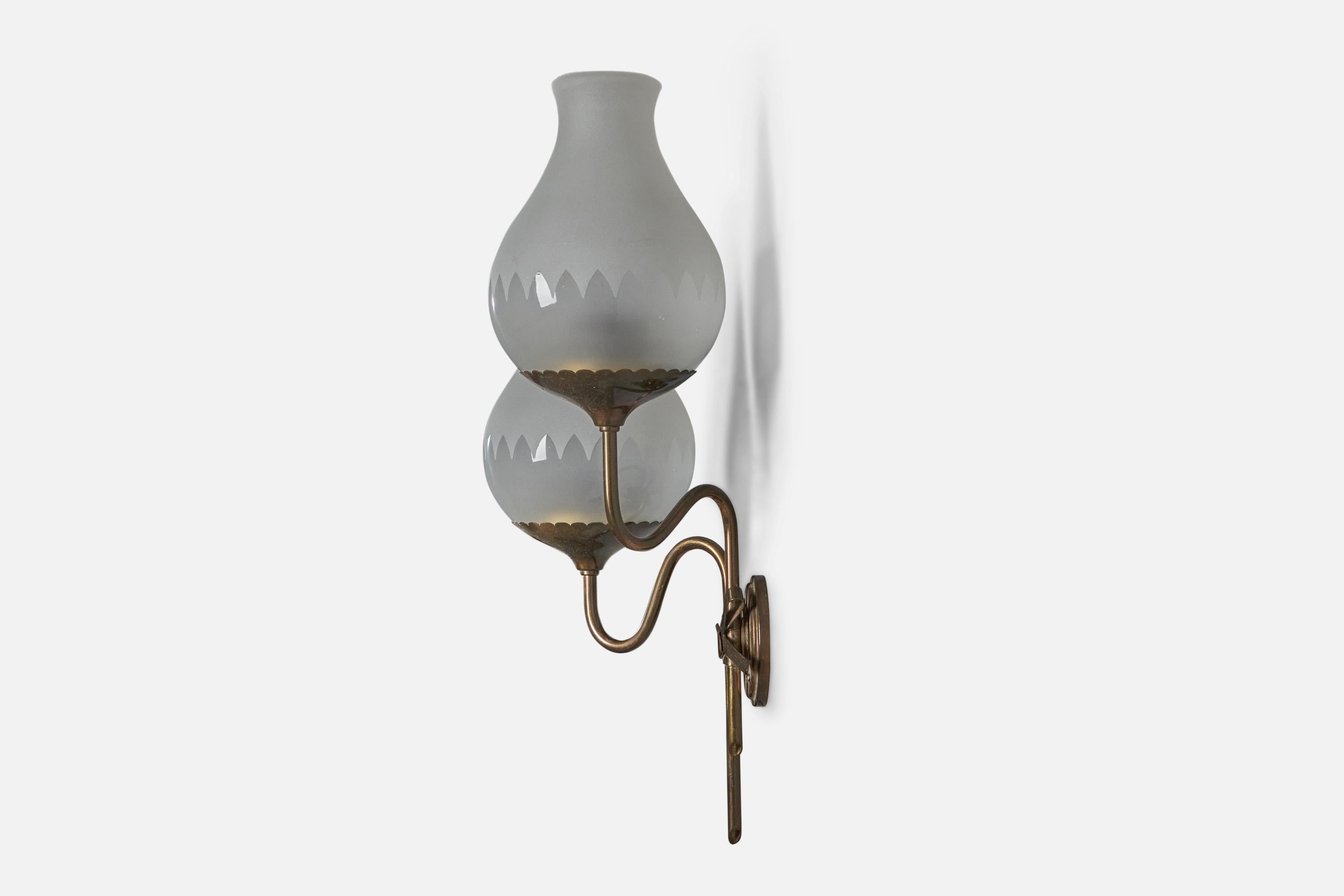 Mid-20th Century Swedish Designer, Wall Light, Brass, Glass, Sweden, 1940s For Sale