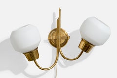 Swedish Designer, Wall Light, Brass, Glass, Sweden, 1950s