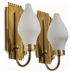 Swedish Designer, Wall Light, Brass, Glass, Sweden, 1950s