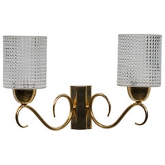 Swedish Designer, Wall Light, Brass, Glass, Sweden, 1960s