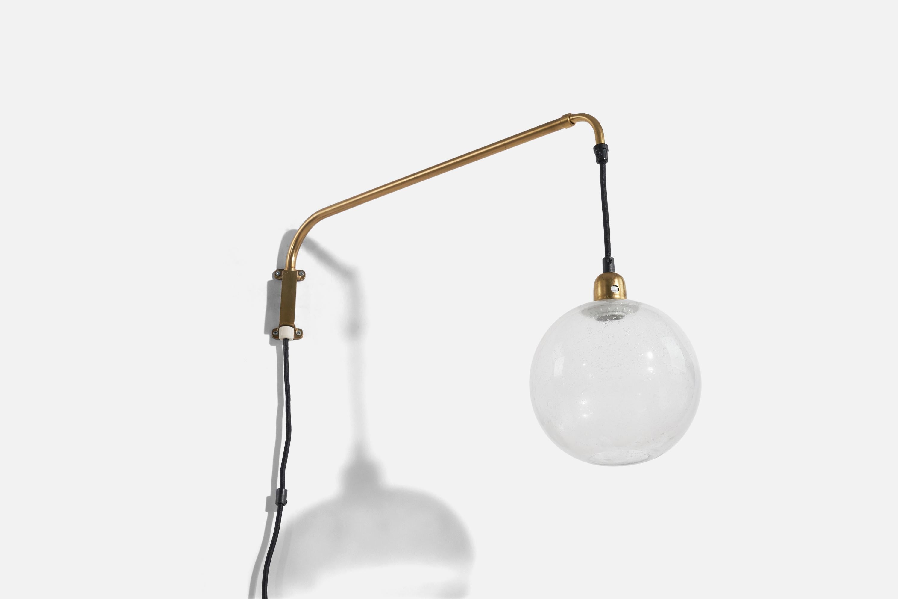 Swedish Designer, Wall Light, Brass, Glass, Sweden, C. 1950s For Sale 1