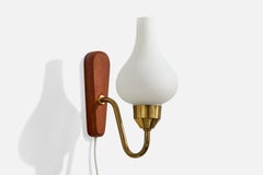 Swedish Designer, Wall Light, Brass, Glass, Teak, Sweden, 1950s