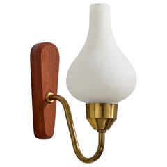 Swedish Designer, Wall Light, Brass, Glass, Teak, Sweden, 1950s