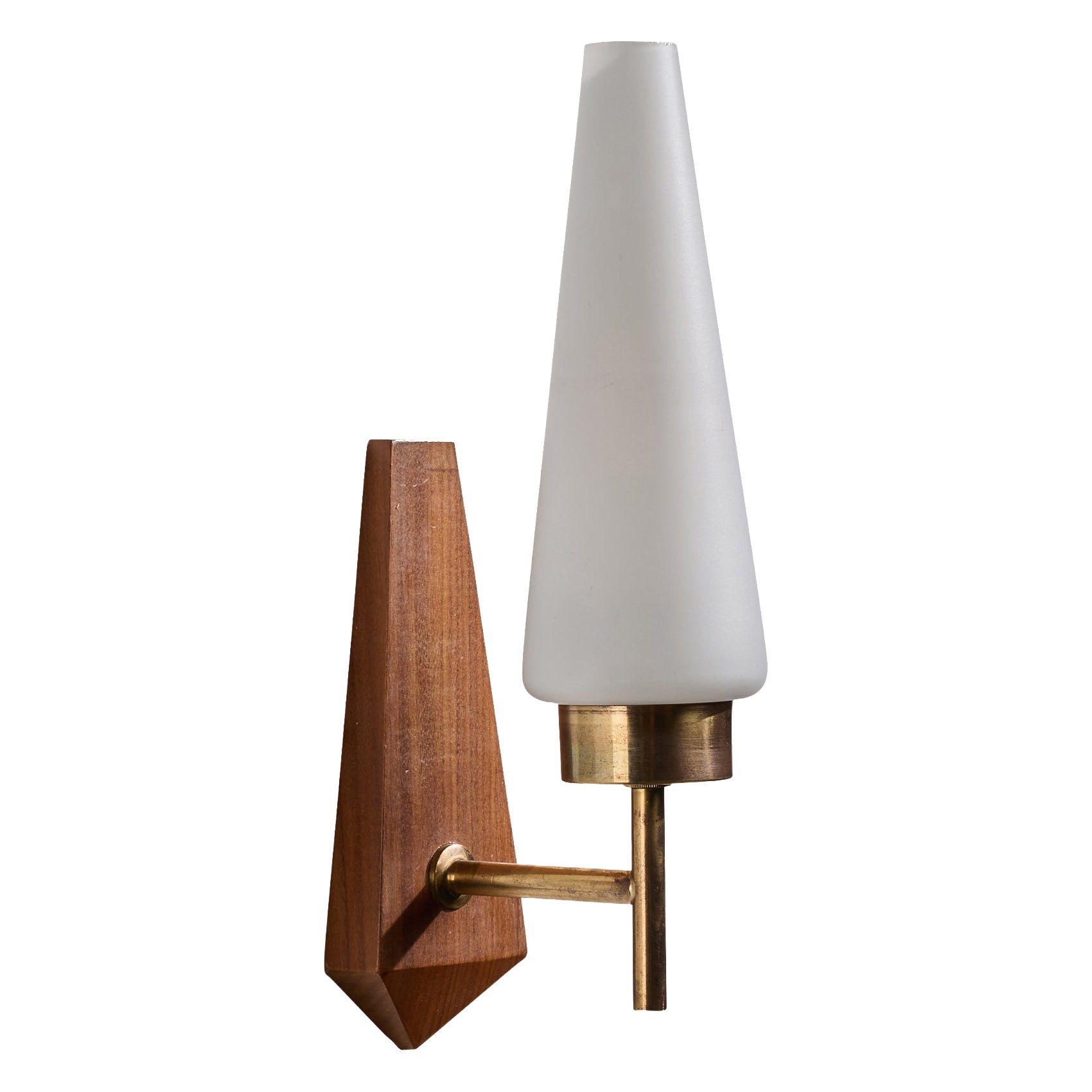 Swedish Designer, Wall Light, Brass, Glass, Wood, Sweden, 1950s For Sale
