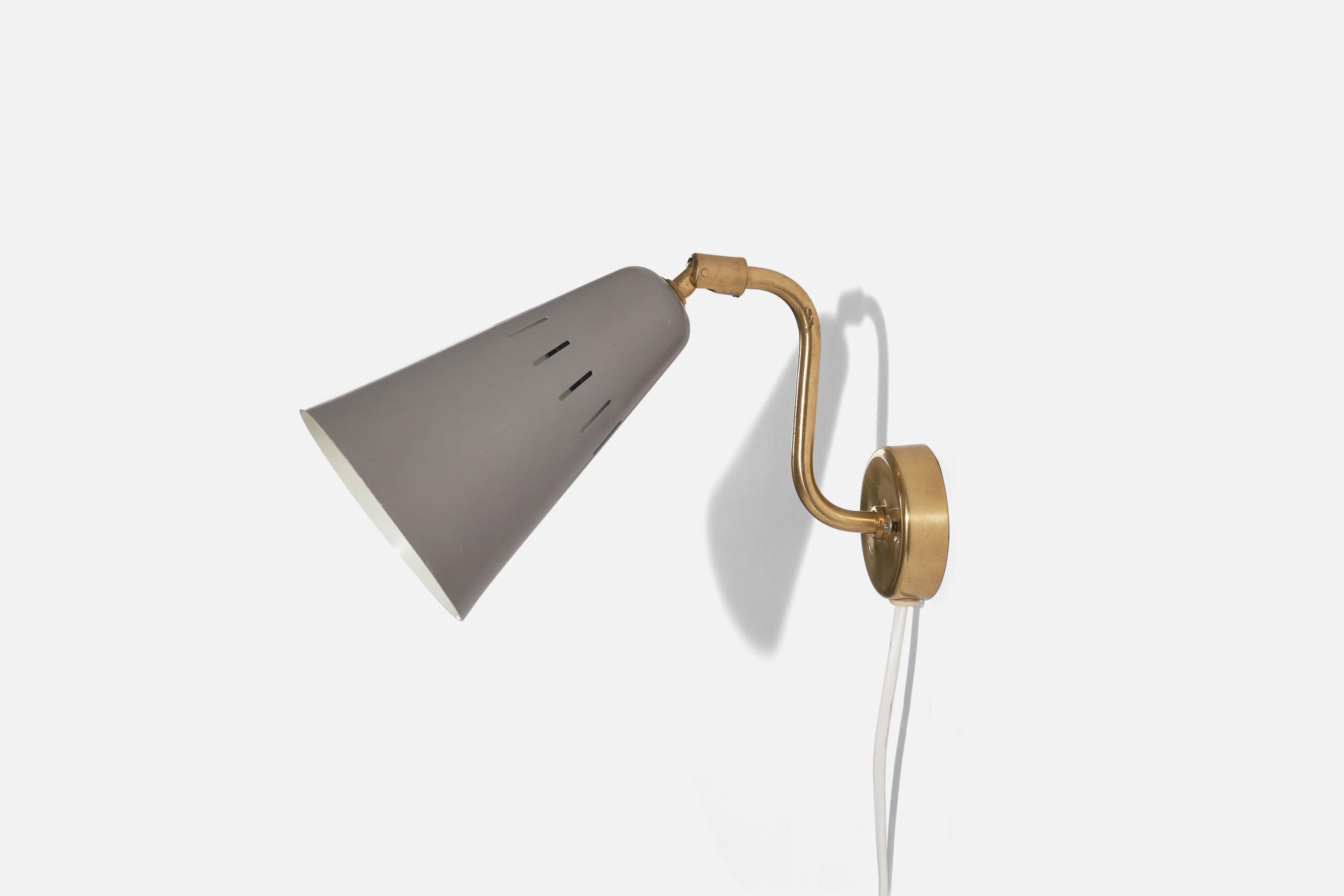 Mid-20th Century Swedish Designer, Wall Light, Brass, Grey Lacquered Metal, Sweden, C. 1960s For Sale