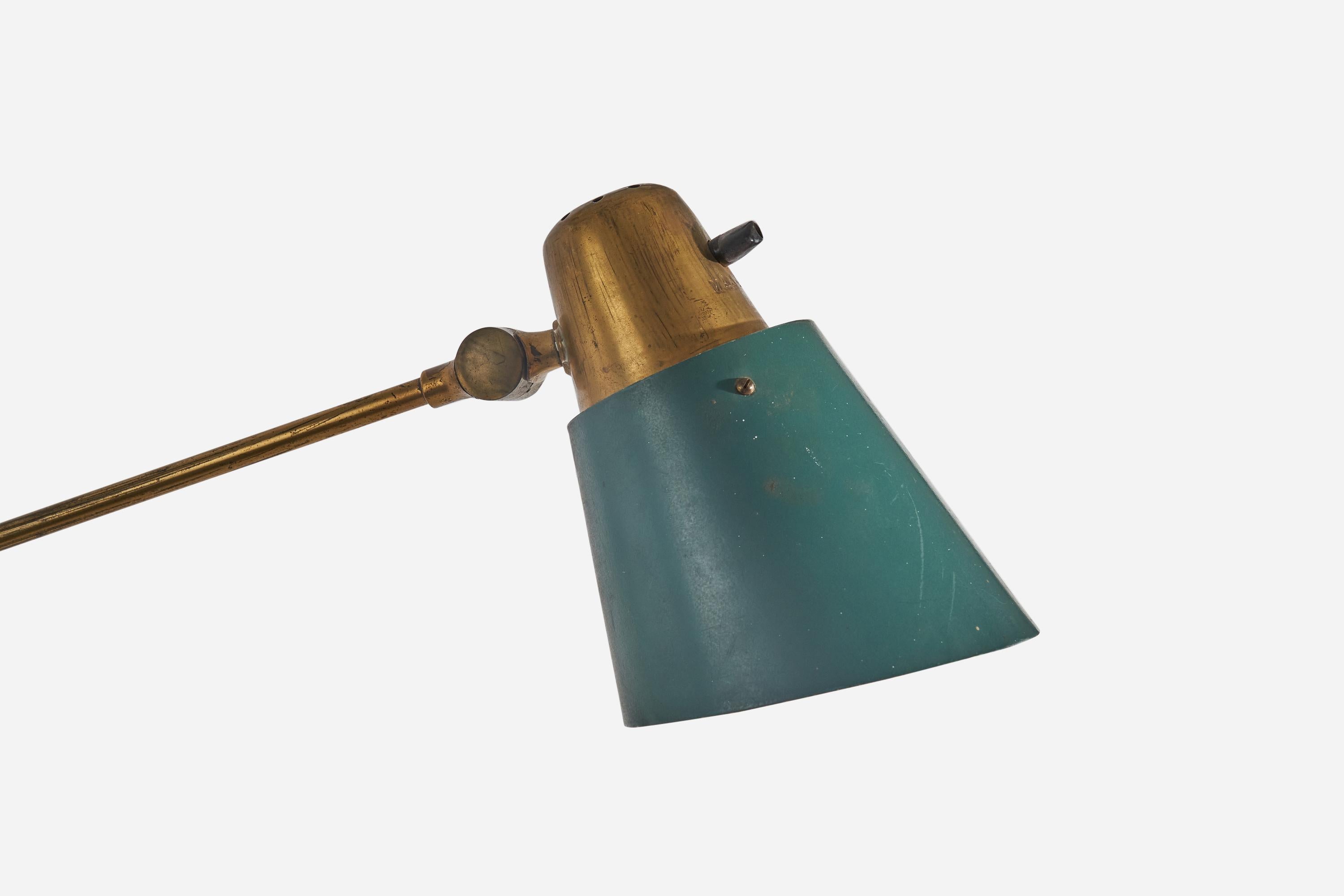 Mid-20th Century Swedish Designer, Wall Light, Brass, Green Lacquered Metal, Sweden, C. 1940s For Sale