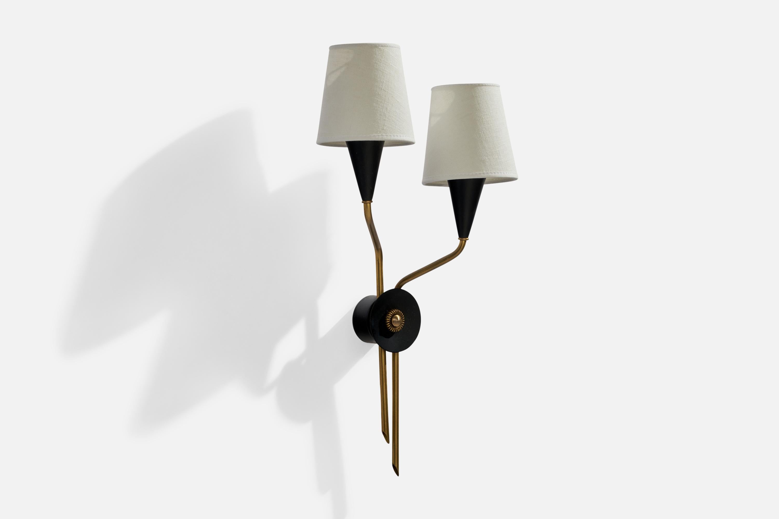 A brass, white fabric and black-lacquered metal wall light designed and produced in Sweden, 1950s.

Overall Dimensions (inches): 18” H x 9”  W x 5.25”  D
Back Plate Dimensions (inches): 2” H x 2”  W x 1”  D
Bulb Specifications: E-14Bulb
Number of
