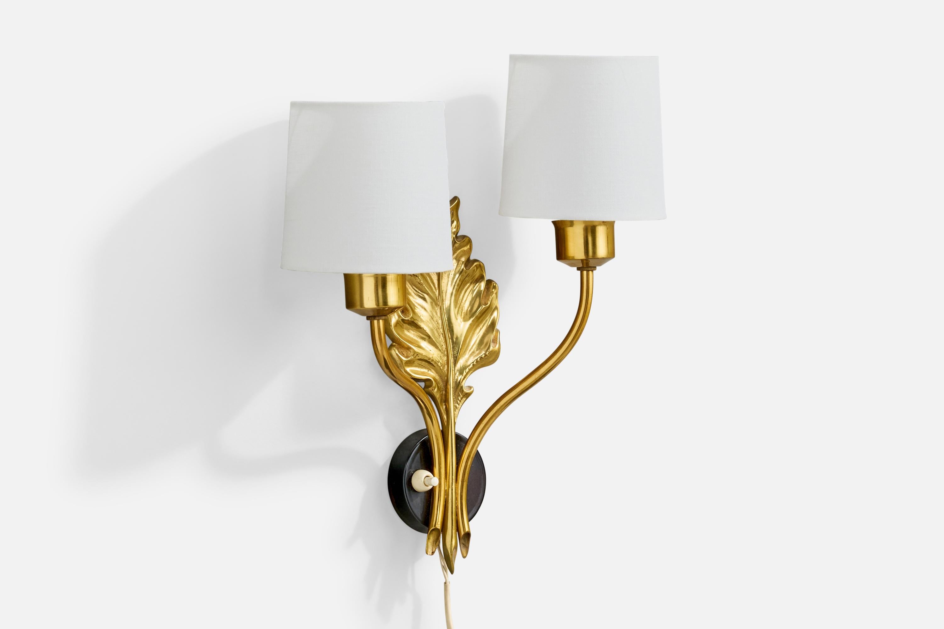 Mid-Century Modern Swedish Designer, Wall Light, Brass, Metal, Fabric, Sweden, 1950s For Sale