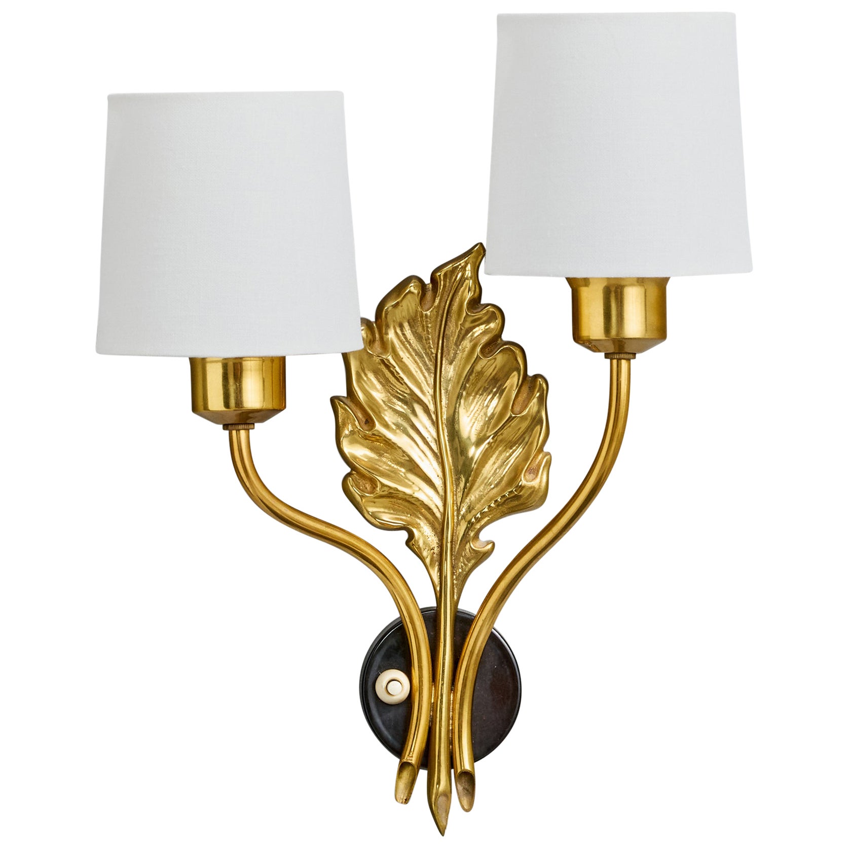 Swedish Designer, Wall Light, Brass, Metal, Fabric, Sweden, 1950s For Sale