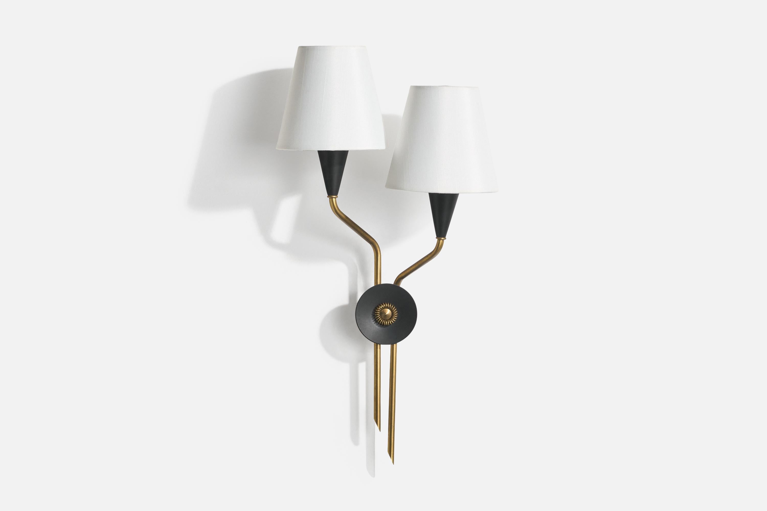 A brass, black-lacquered metal and white fabric wall light designed and produced in Sweden, c. 1960s.

Brand new fabric shade.

Overall Dimensions (Inches): 18.5” H x 9.625” W x 6.1“ D

Back Plate Dimensions (Inches): 2” H x 2“ W x 1.1” D

Bulb