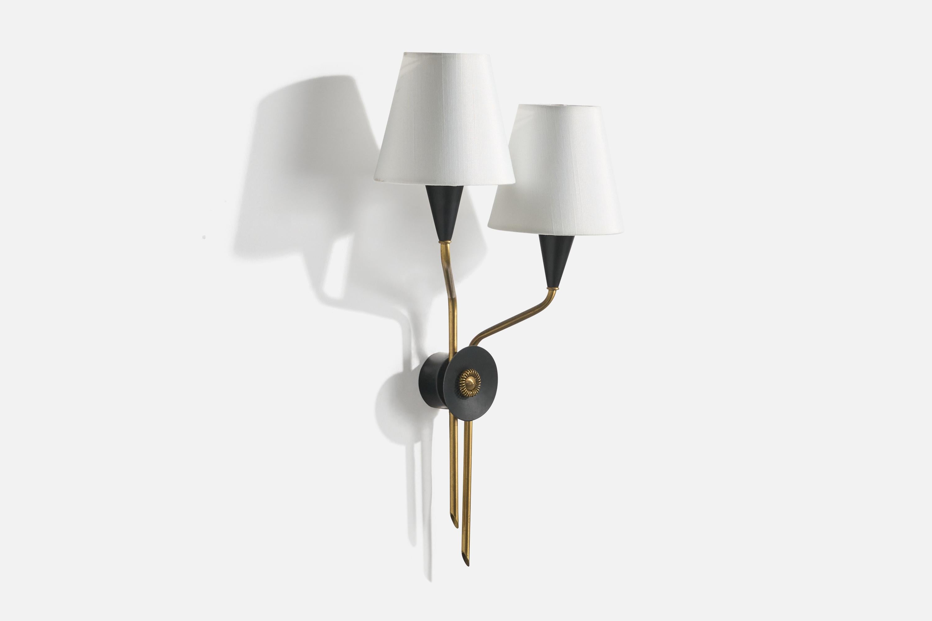 Mid-Century Modern Swedish Designer, Wall Light, Brass, Metal, Fabric, Sweden, 1960s For Sale