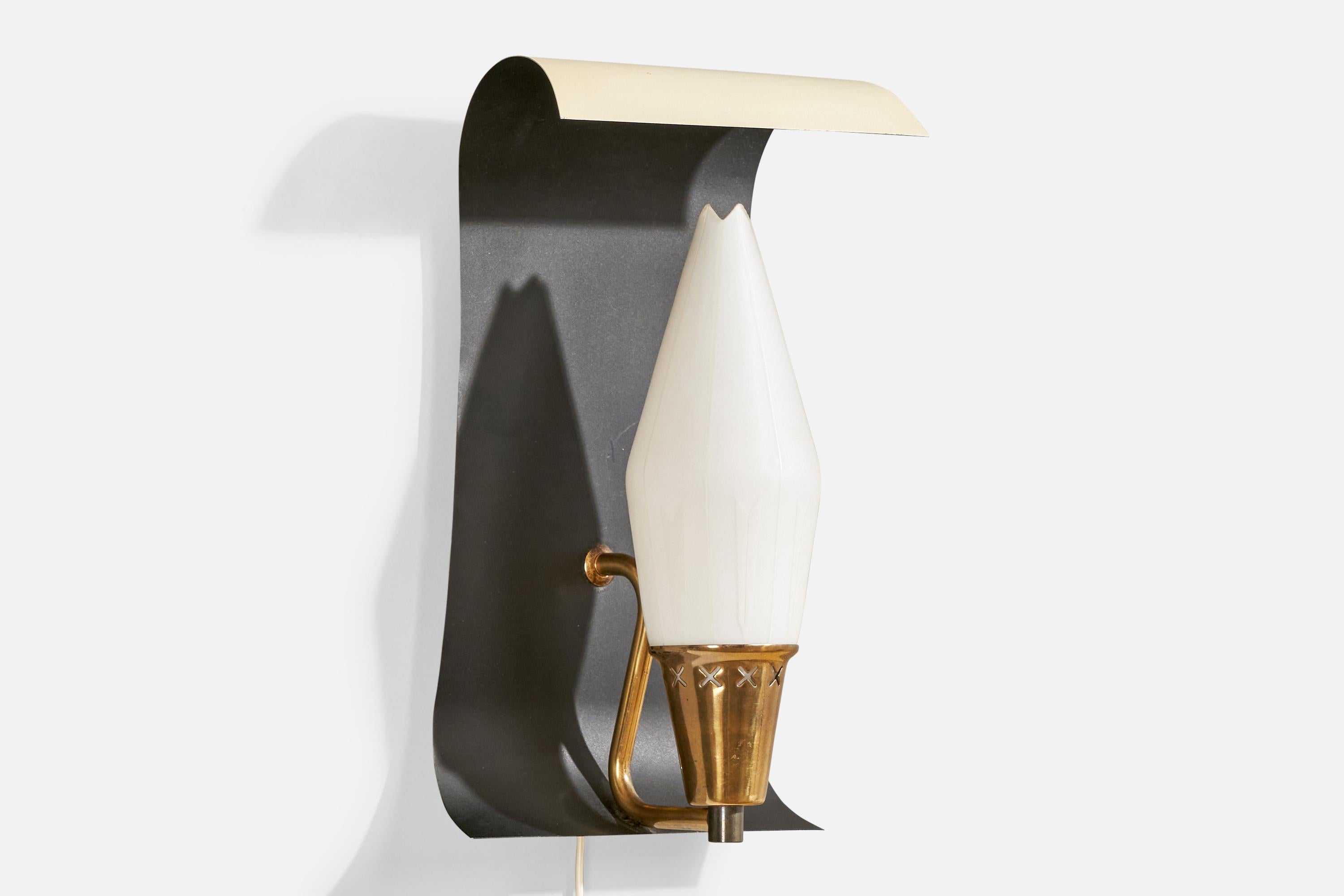 A brass, black and cream-white lacquered and white opaline glass wall light designed and produced in Sweden, c. 1950s.

Overall Dimensions (Inches): 13” H x 7.75” W x 4.875“ D

Back Plate Dimensions (Inches): 6.625” H x 3.25” W x .75” D

Bulb