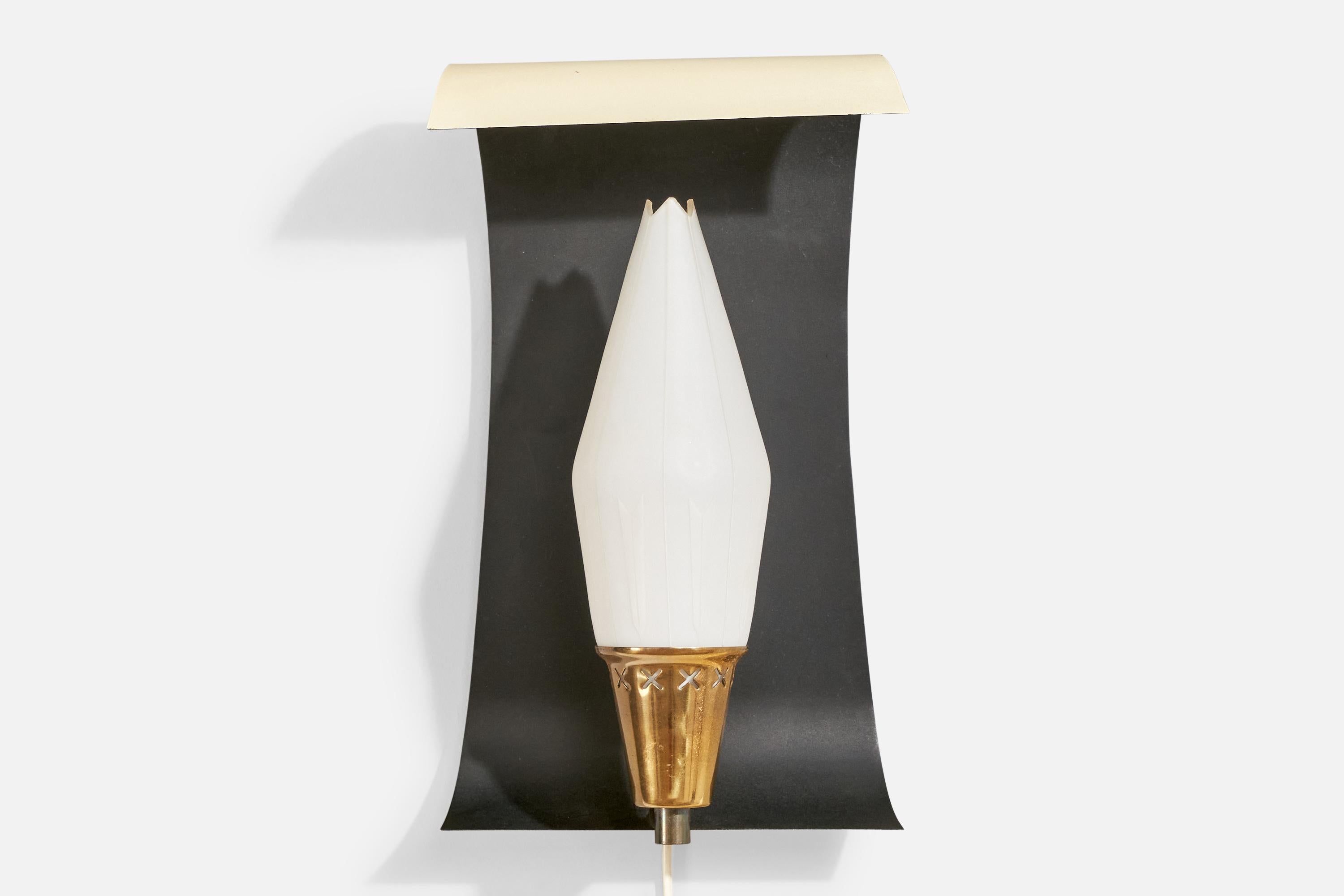 Scandinavian Modern Swedish Designer, Wall Light, Brass, Metal, Glass, Sweden, 1950s For Sale