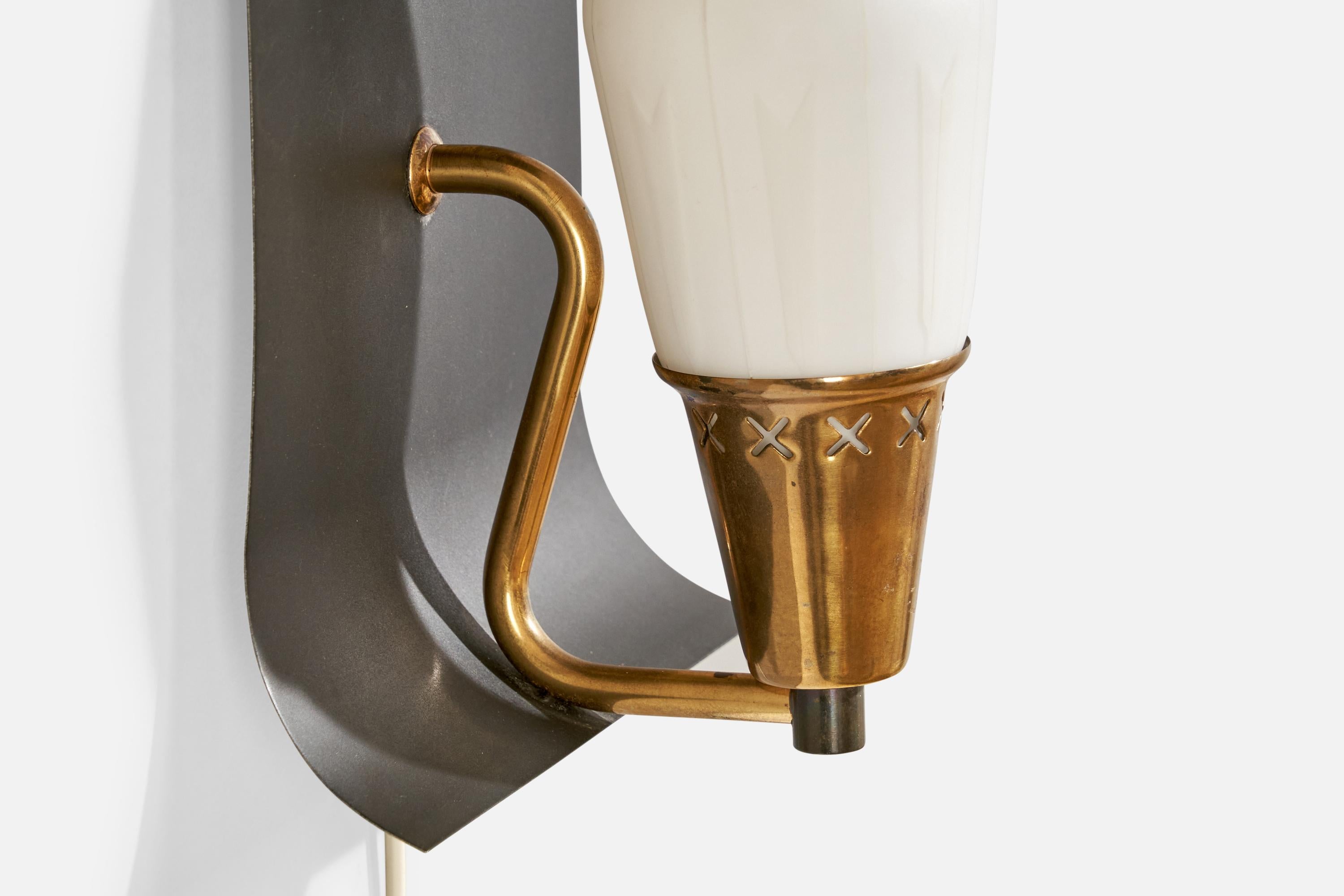 Mid-20th Century Swedish Designer, Wall Light, Brass, Metal, Glass, Sweden, 1950s For Sale