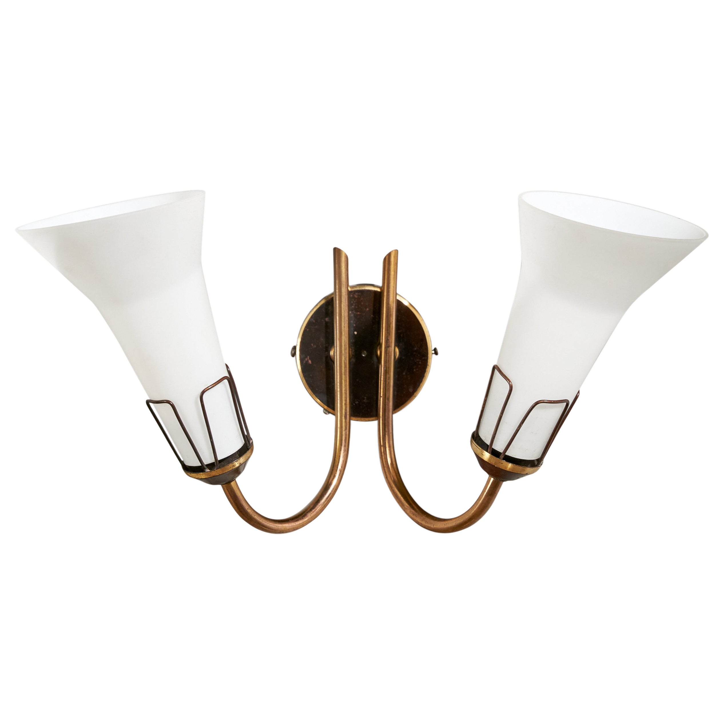 Swedish Designer, Wall Light, Brass, Metal, Glass, Sweden, 1950s For Sale