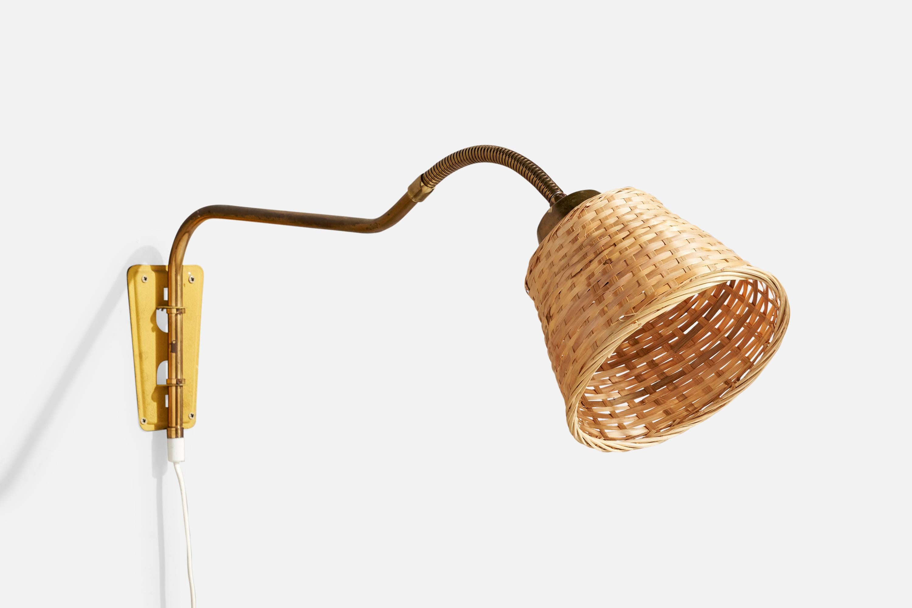 An adjustable brass, rattan and yellow-lacquered metal wall light designed and produced in Sweden, c. 1940s.

Overall Dimensions (Inches): 9.125” H x 7” W x 27.75“ D

Back Plate Dimensions (Inches): 5.6” H x 3.125“ W x .125” D

Bulb Specifications: