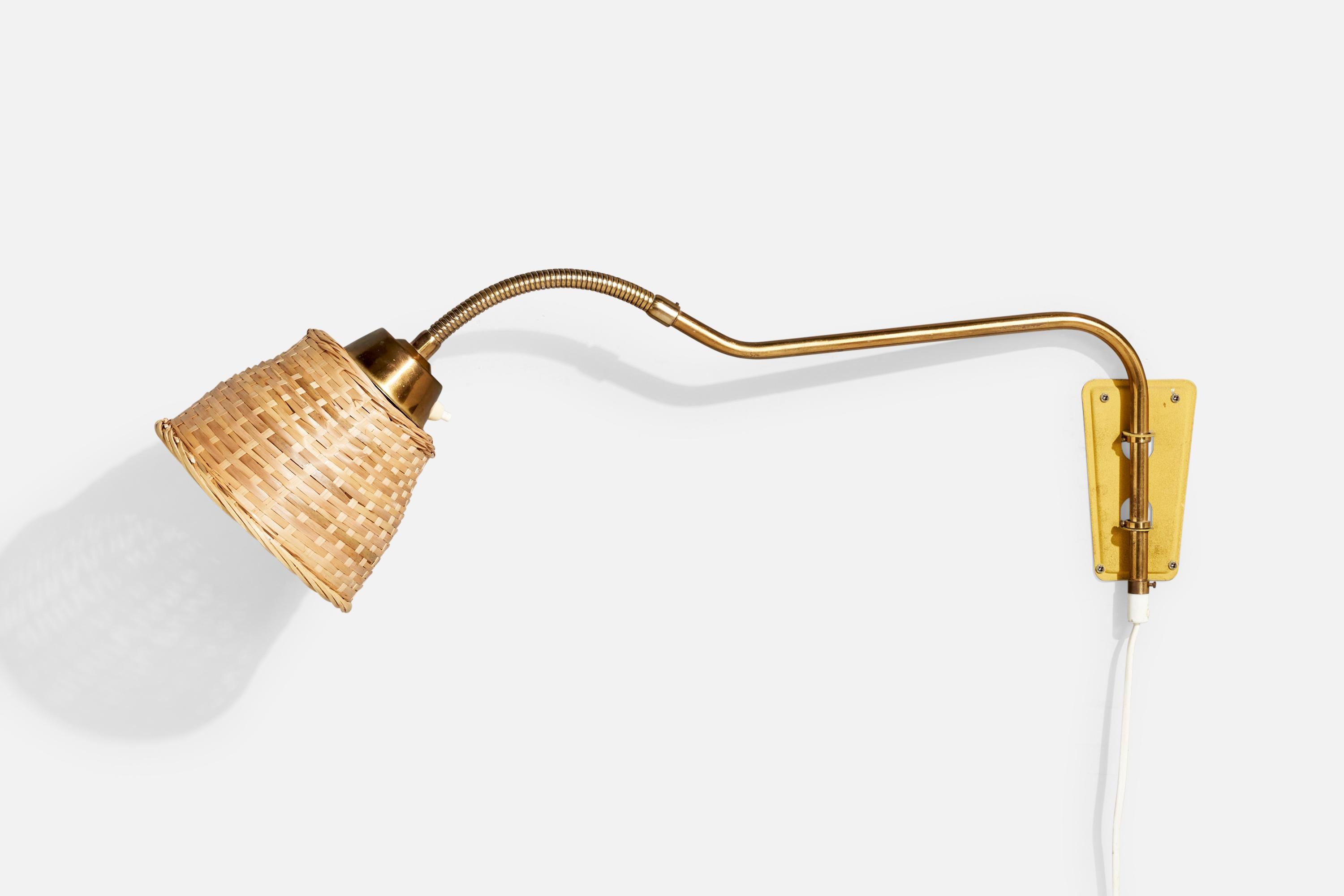 Mid-20th Century Swedish Designer, Wall Light, Brass, Metal, Rattan, Sweden, 1940s For Sale