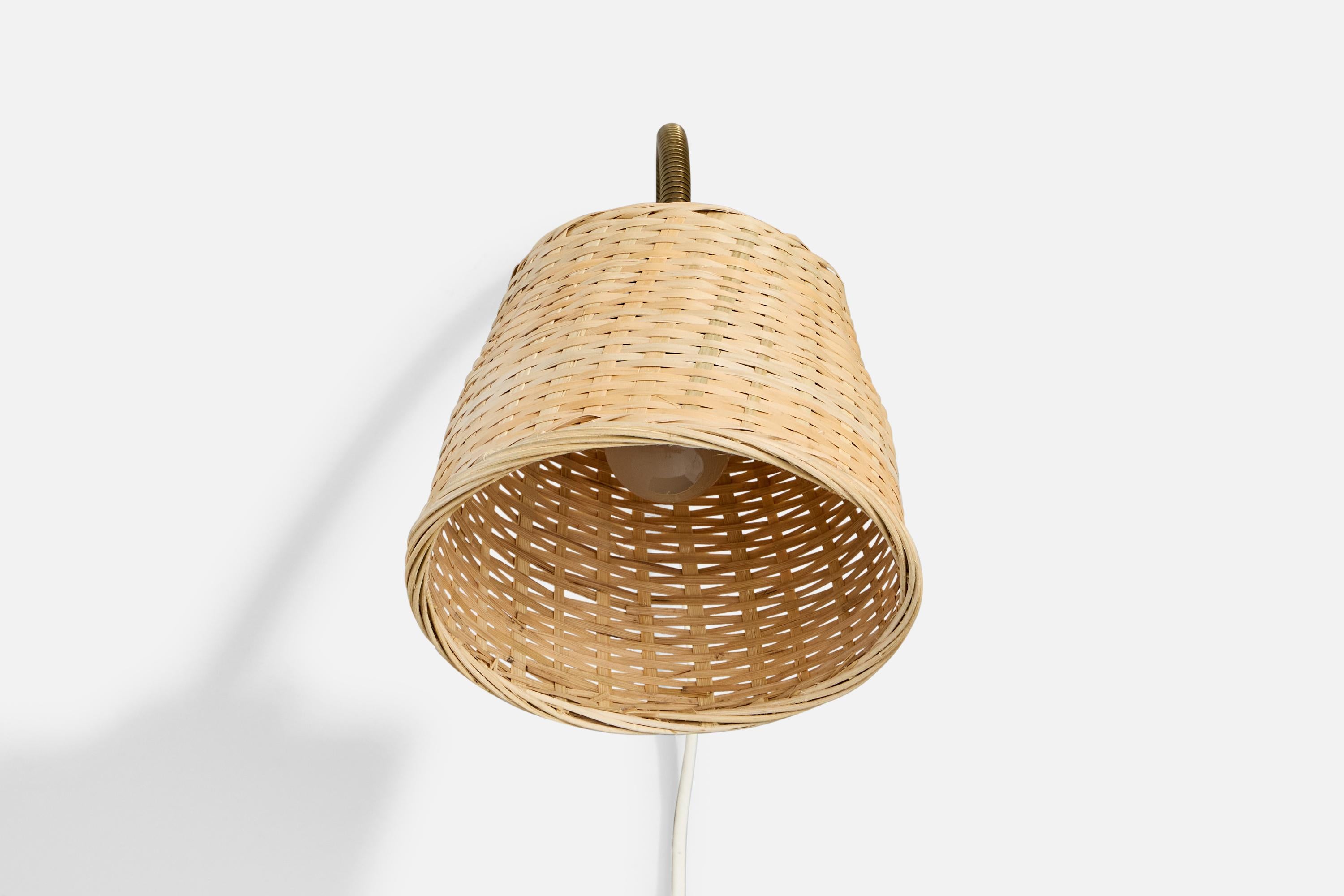 Mid-Century Modern Swedish Designer, Wall Light, Brass, Metal, Rattan, Sweden, 1950s For Sale