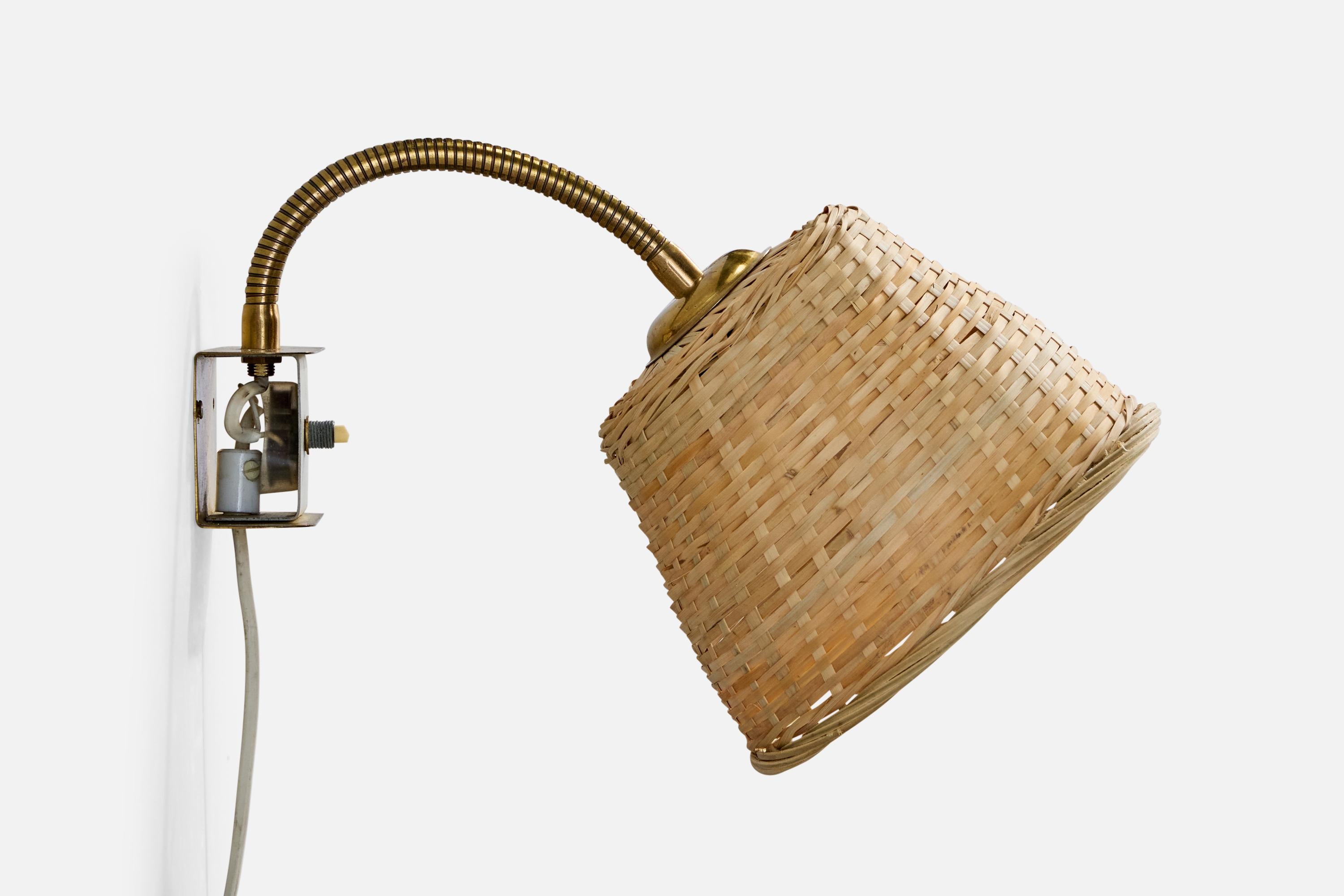 Swedish Designer, Wall Light, Brass, Metal, Rattan, Sweden, 1950s In Good Condition For Sale In High Point, NC