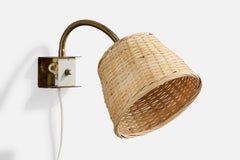 Swedish Designer, Wall Light, Brass, Metal, Rattan, Sweden, 1950s