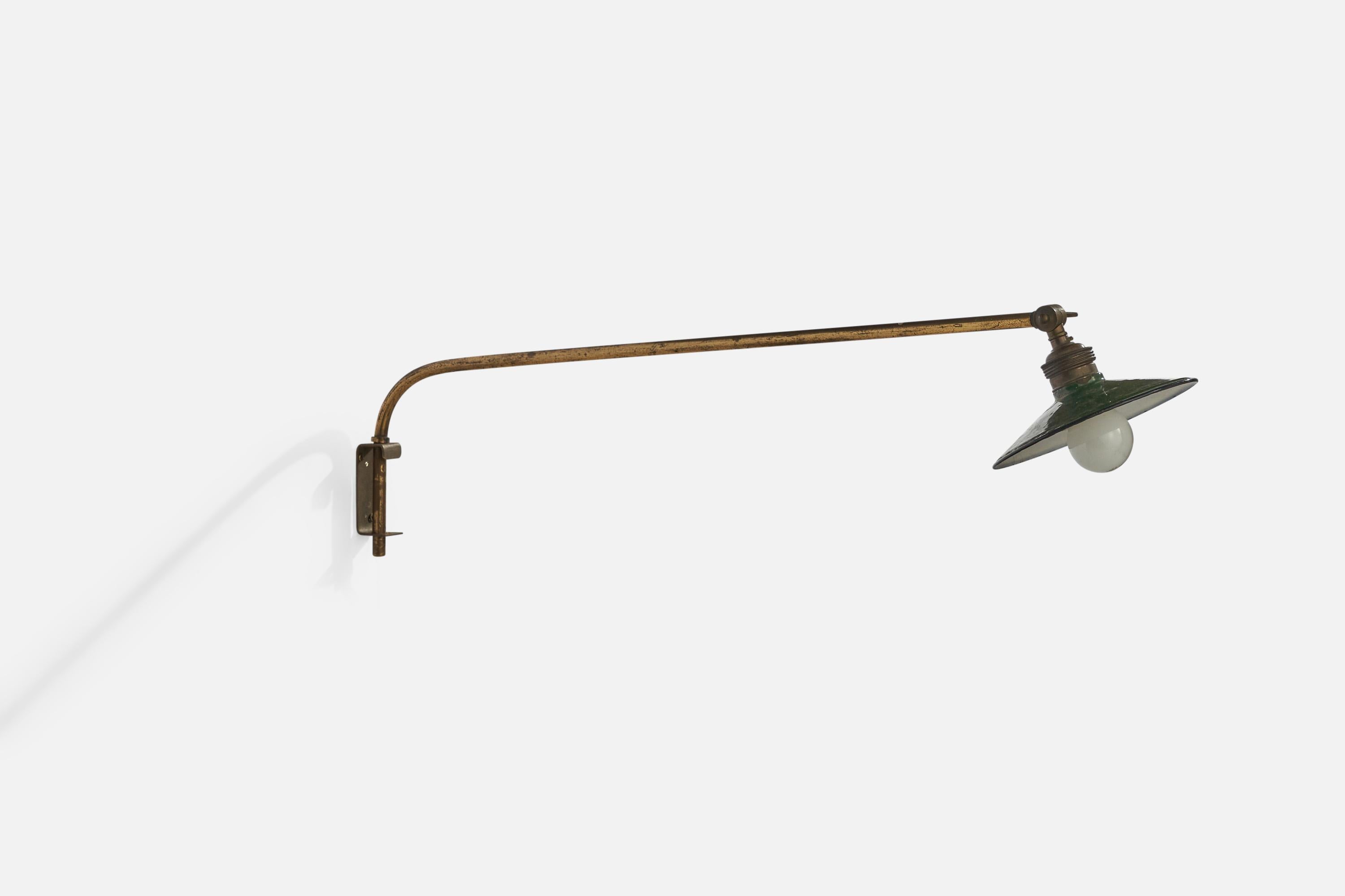 A brass and green-lacquered metal wall light designed and produced in Sweden, c. 1930s.

Please note lamp is configured for plug in with cord feeding from bottom of stem.

Overall Dimensions (inches): 6” H x 6” W x 28” D
Light angle is