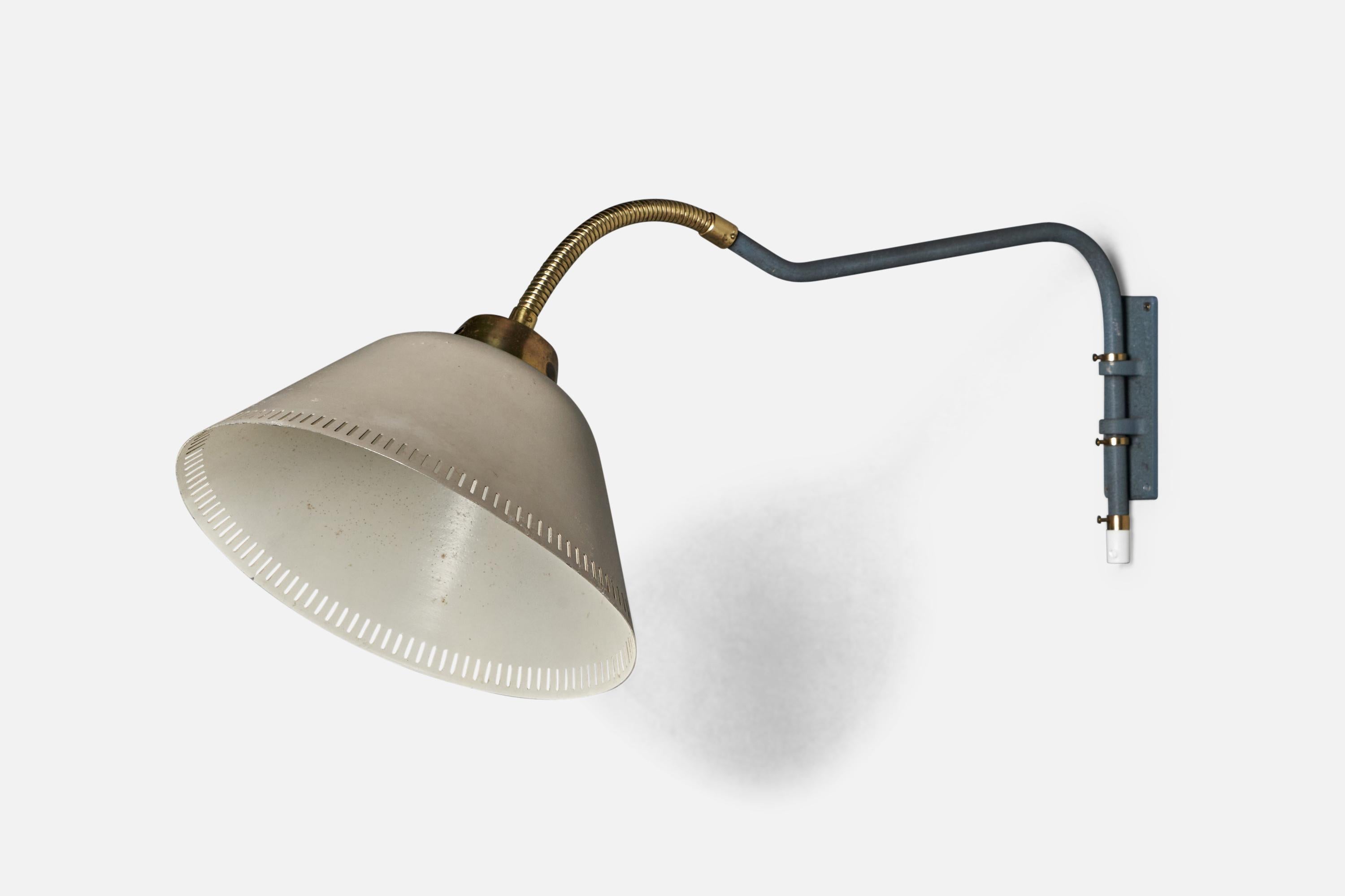 A brass and blue grey lacquered metal wall light designed and produced in Sweden, 1940s.

Overall Dimensions (inches): 11” H x 10.6” W x 30” D
Back Plate Dimensions (inches): 5.25” H x 1.9” W x 0.1” D
Bulb Specifications: E-26 Bulb
Number of